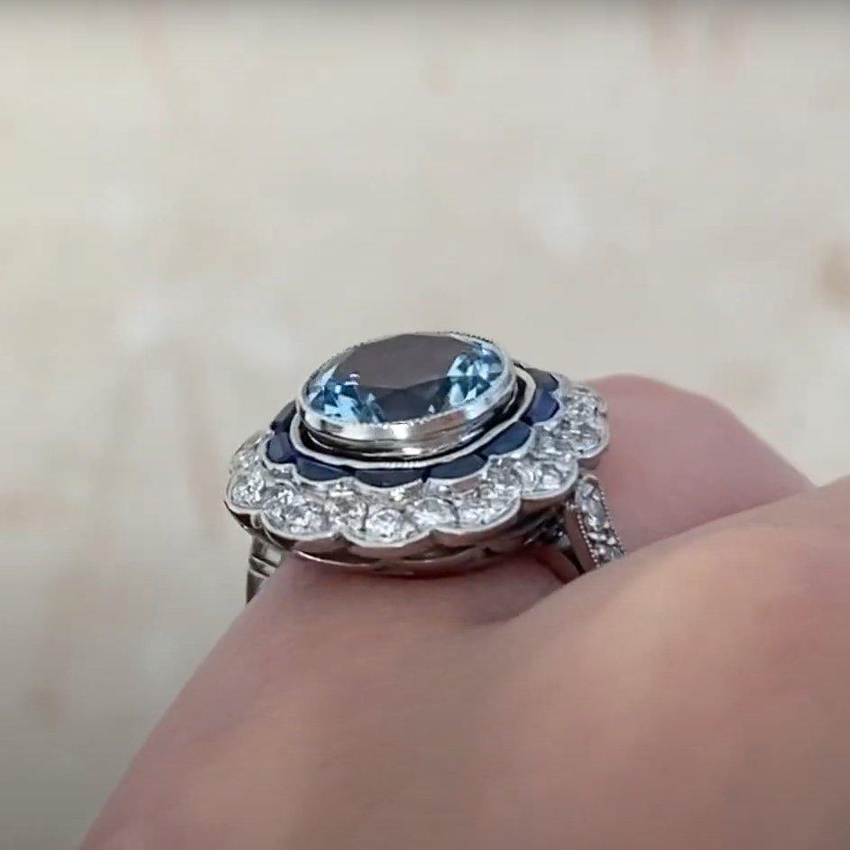 Anello con diamante a doppio alone in platino (circa 1,60 carati), acquamarina taglio rotondo In condizioni ottime in vendita a New York, NY