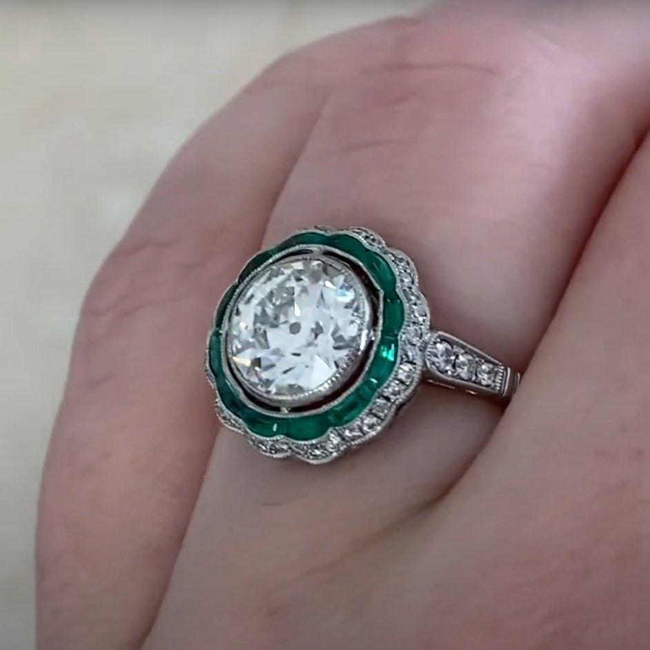 Donna Anello con diamante a doppio alone in platino, diamante vecchio taglio europeo (circa 1,60 carati) in vendita