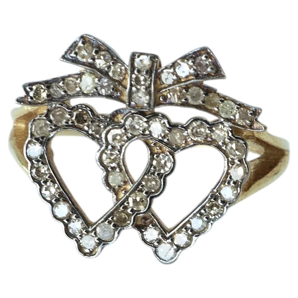 Heart Bow Ring Diamond Double Heart Gold Antiqued Victorian