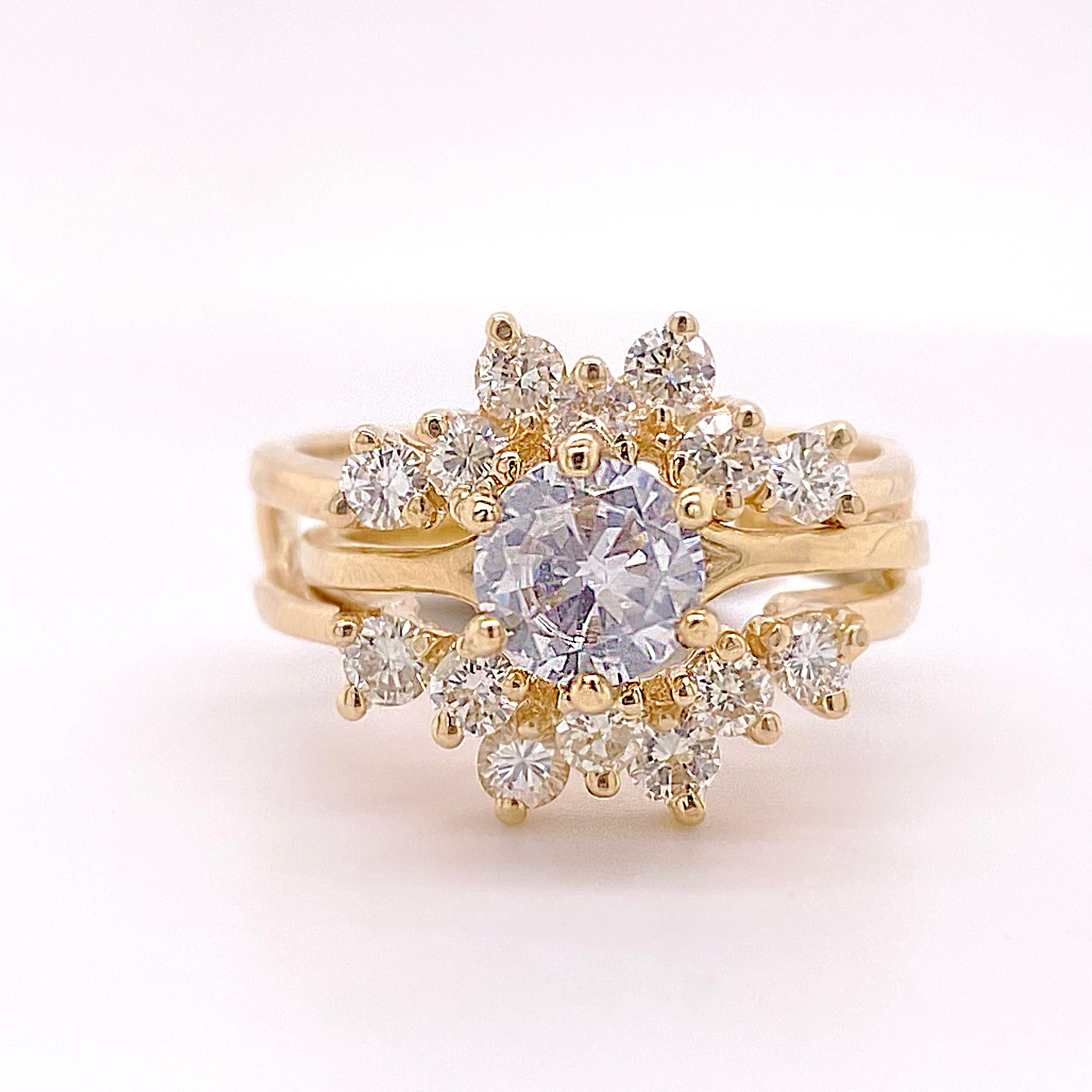 Round Cut Diamond Ring Enhancer, Wedding Band Yellow Gold Cluster Ring Jacket 14 Diamonds For Sale