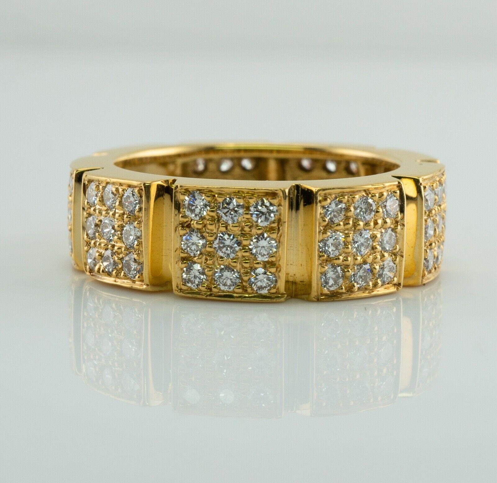 This very unusual estate sculptured band is finely crafted in solid 18K Yellow Gold. 
Each diamond block has 9 diamonds are VS2 clarity and G color totaling 1.44 carat for the ring.
The width of the band is 6mm and 2mm thick.
Size 6 and