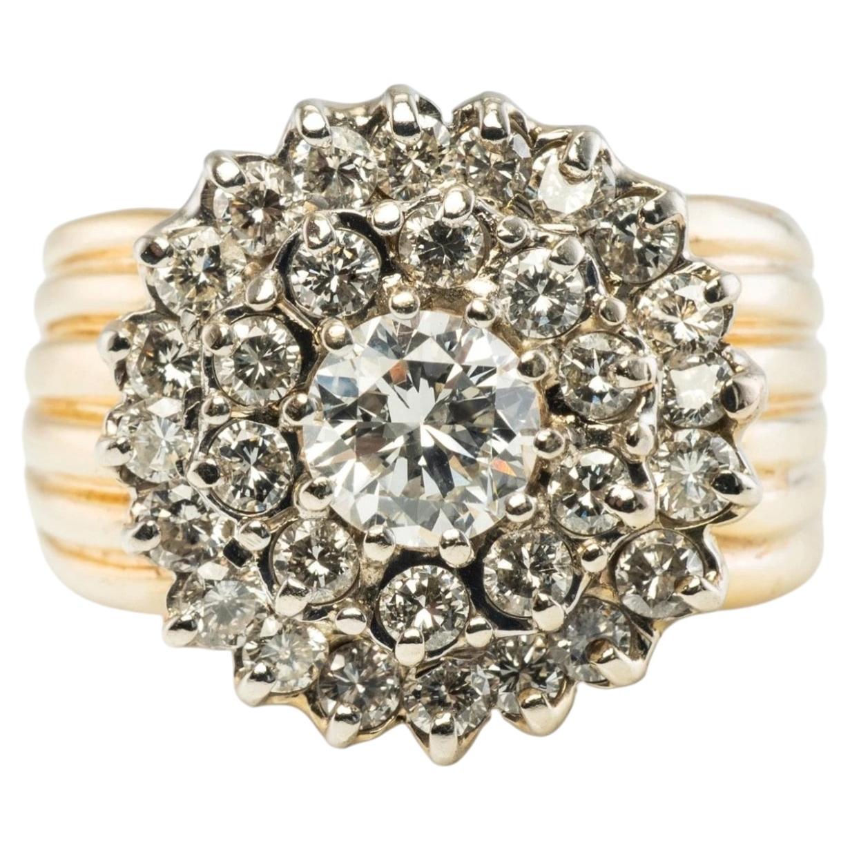 Diamond Ring Flower 14K Gold Band Vintage Cluster .90 TDW Round