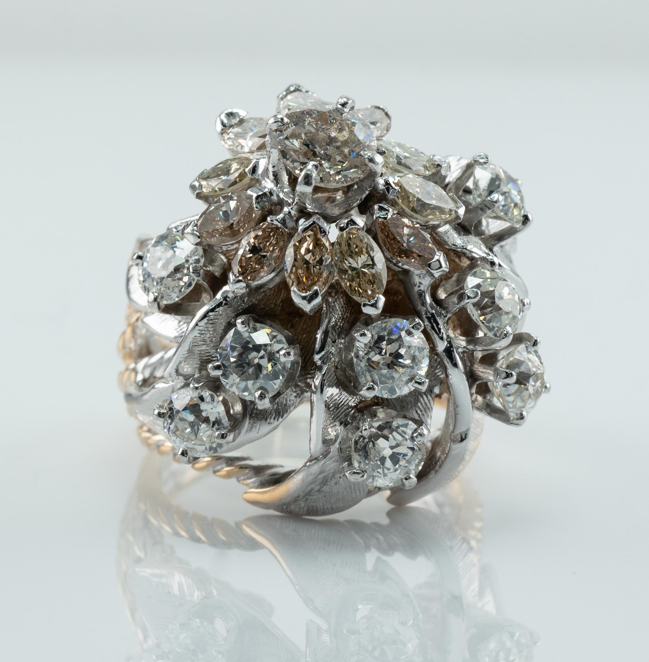 Diamant-Ring-Blume aus 14 Karat Gold  Cocktail-Vintage TDW, 4,07 (Alteuropäischer Brillantschliff) im Angebot