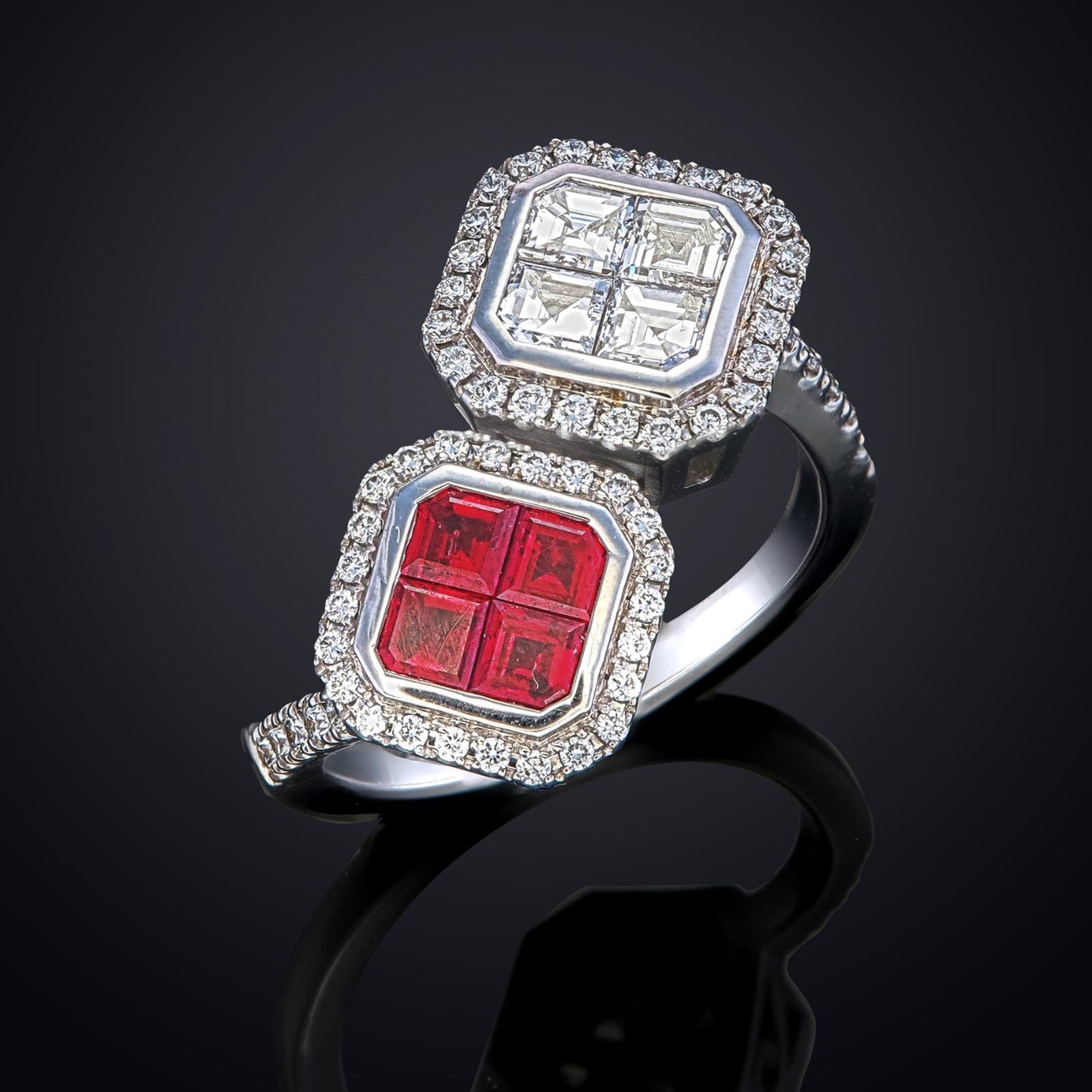 **100% NATURAL FANCY COLOUR DIAMOND JEWELRY**

✪ Jewelry Details ✪

SQUARE MOZAMBIQUE RUBY-  4/1.20CT

SQUARE MOZAMBIQUE RUBY-  4/1.20CT

ROUND FG VVS-VS -  0.35CT

♦ GROSS WEIGHT: 5.948 grams

➛ Metal Type: 18k Gold
➛ Jewelry Type: Fashion ring,