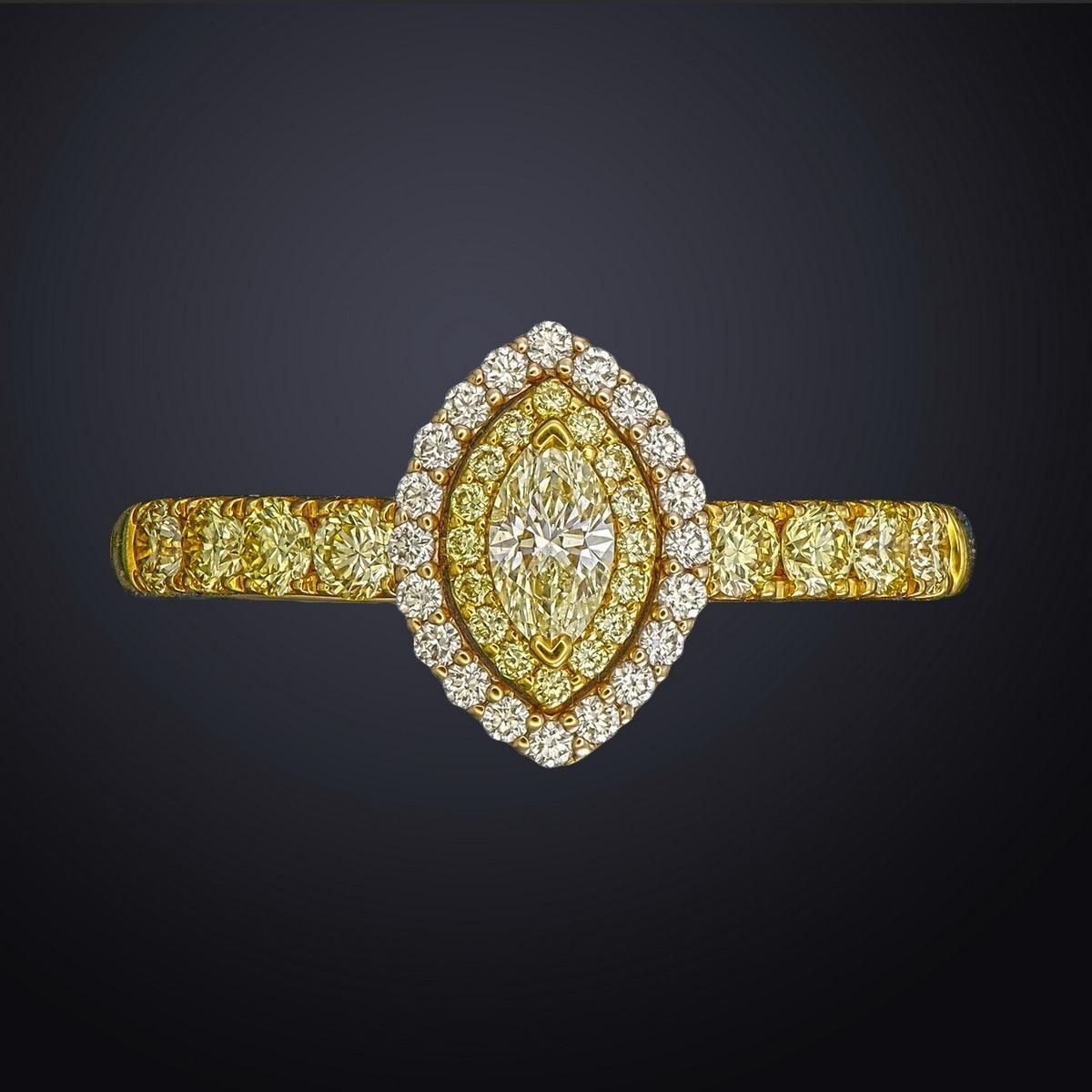 **100% NATURAL FANCY COLOUR DIAMOND JEWELRY**

✪ Jewelry Details ✪

MARQUISE DIAMOND FLY VS - 1/0.18 CT

ROUND DIAMOND FLY VS - 0.43 CT

ROUND DIAMOND G+ VS -  0.11 CT

➛ Metal Type: 18k Gold - 3.392 GMS

➛ Jewelry Type: Fashion ring, Bridal