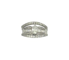 14K White Gold Diamond Band Ring with Round Center Diamond and Baguette Accents