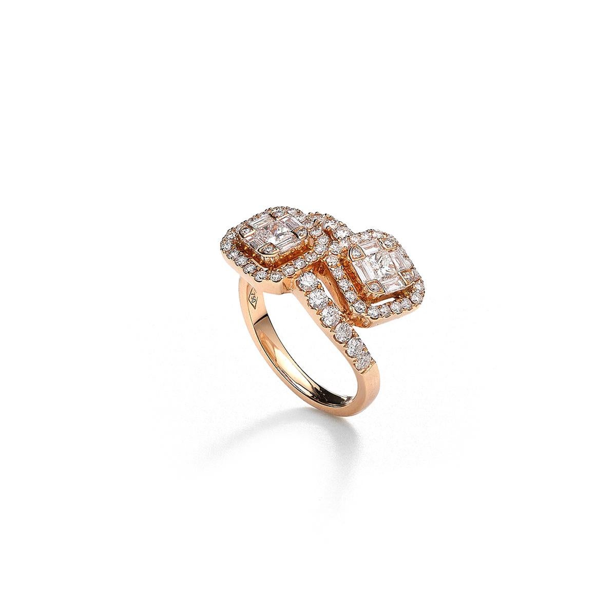 Ring in 18kt pink gold set with 10 baguette and princess cut diamonds  0.55 cts and 60 diamonds 0.78 cts Size 54