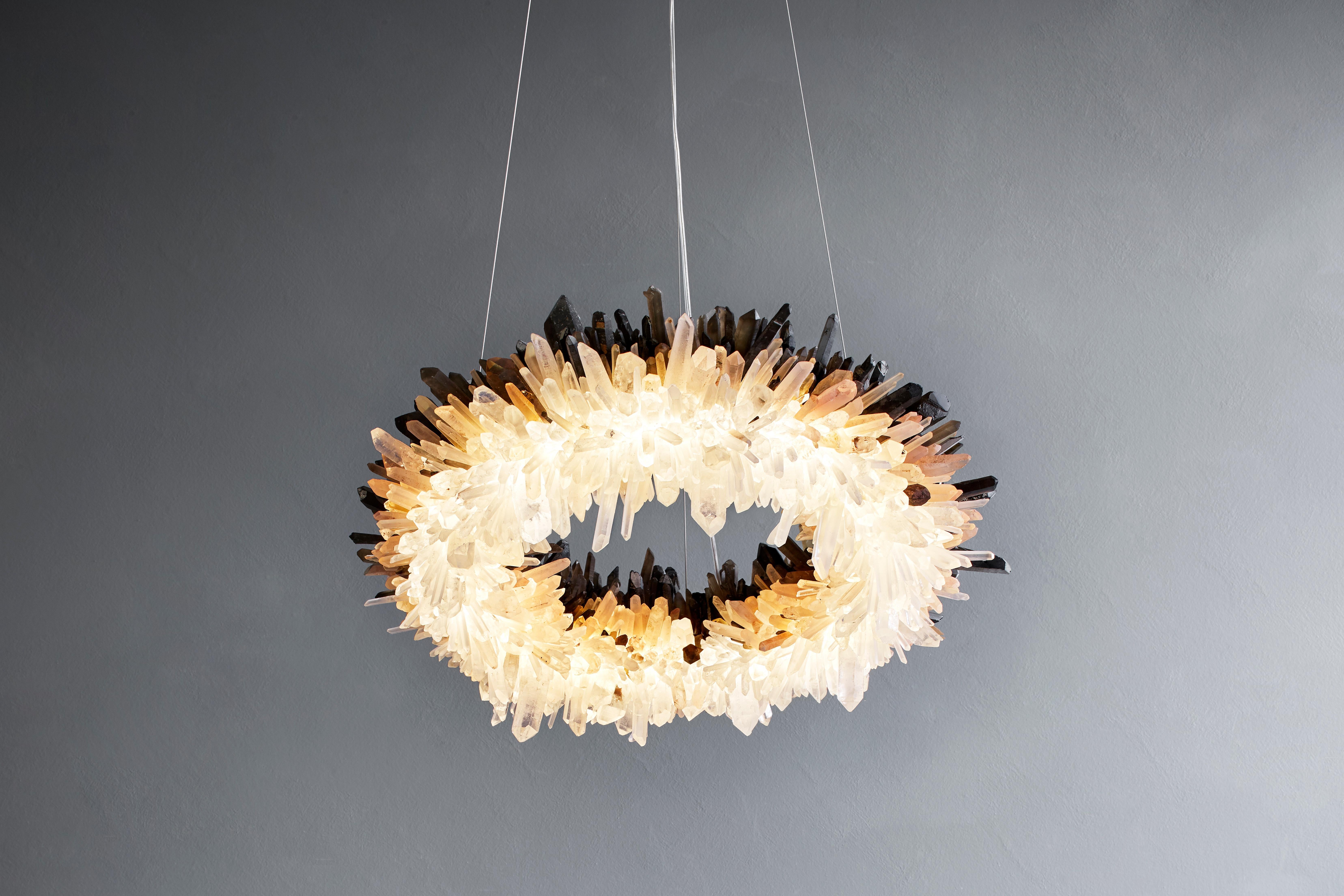 Diamond Ring Gradient Quartz Pendant Light by Christopher Boots
Dimensions: D 45 x H 13 cm.
Materials: Clear quartz, smoky quartz.

Available in clear quartz or gradient quartz.
Available in 45cm, 60cm, 90cm, 120cm, 150cm, 180cm, or 210cm diameter.