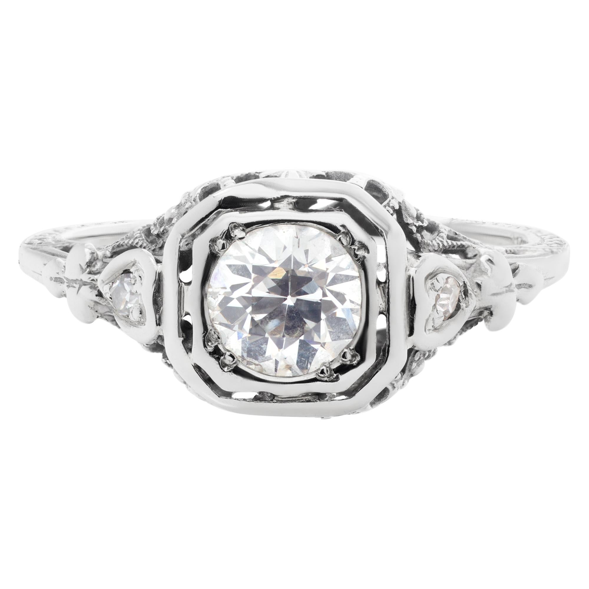 Vintage diamond ring in 14k white gold with app 0.75 carat. Size 5 1/2.<br /><br />This Diamond ring is currently size 5.5 and some items can be sized up or down, please ask! It weighs 1.4 pennyweights and is 14k White Gold.
