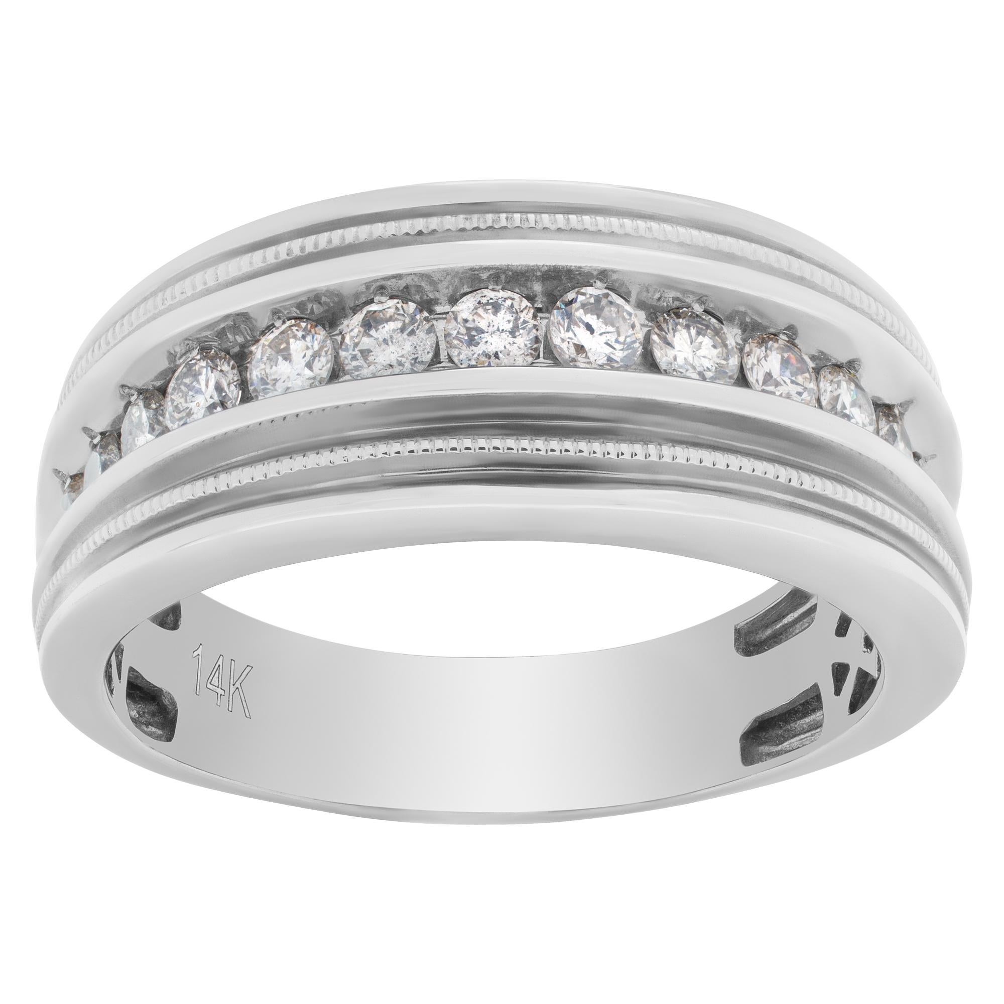 Diamond ring in 14k white gold with approximately 1 carat full cut round brilliant diamonds. Estimate: G-H color, VS-SI clarity. Size 12.25

This Diamond ring is currently size 12.25 and some items can be sized up or down, please ask! It weighs 6.6