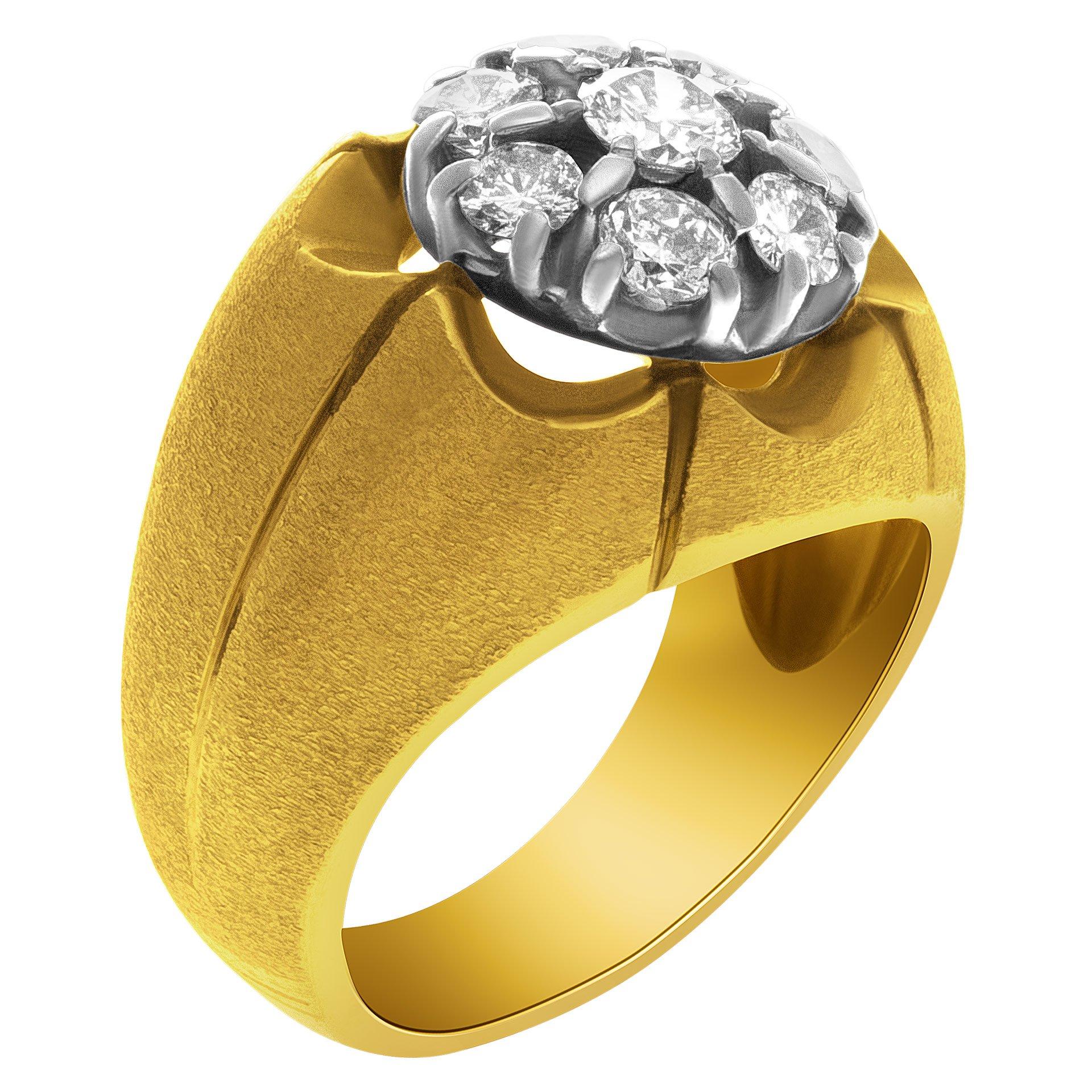 Attractive 14k yellow gold ring with center diamond cluster approx. 1 carat in diamonds. Size 8. Width of diamond cluster: 11.8mmx11.8mm, width at shank: 4.4mm.

This Diamond ring is currently size 8 and some items can be sized up or down, please