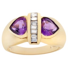 Vintage Diamond Ring in 14K Yellow Gold, Amethyst Heart Shape and Baguette Cut