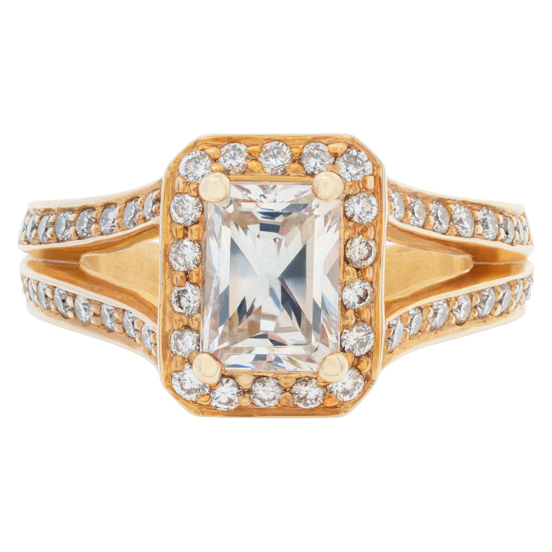 Diamond 14k gold ring setting with app. 0.64 cts of diamonds. Shown with center CZ.<br /><br />This Diamond ring is currently size 7 and some items can be sized up or down, please ask! It weighs 3.8 pennyweights and is 14k.

