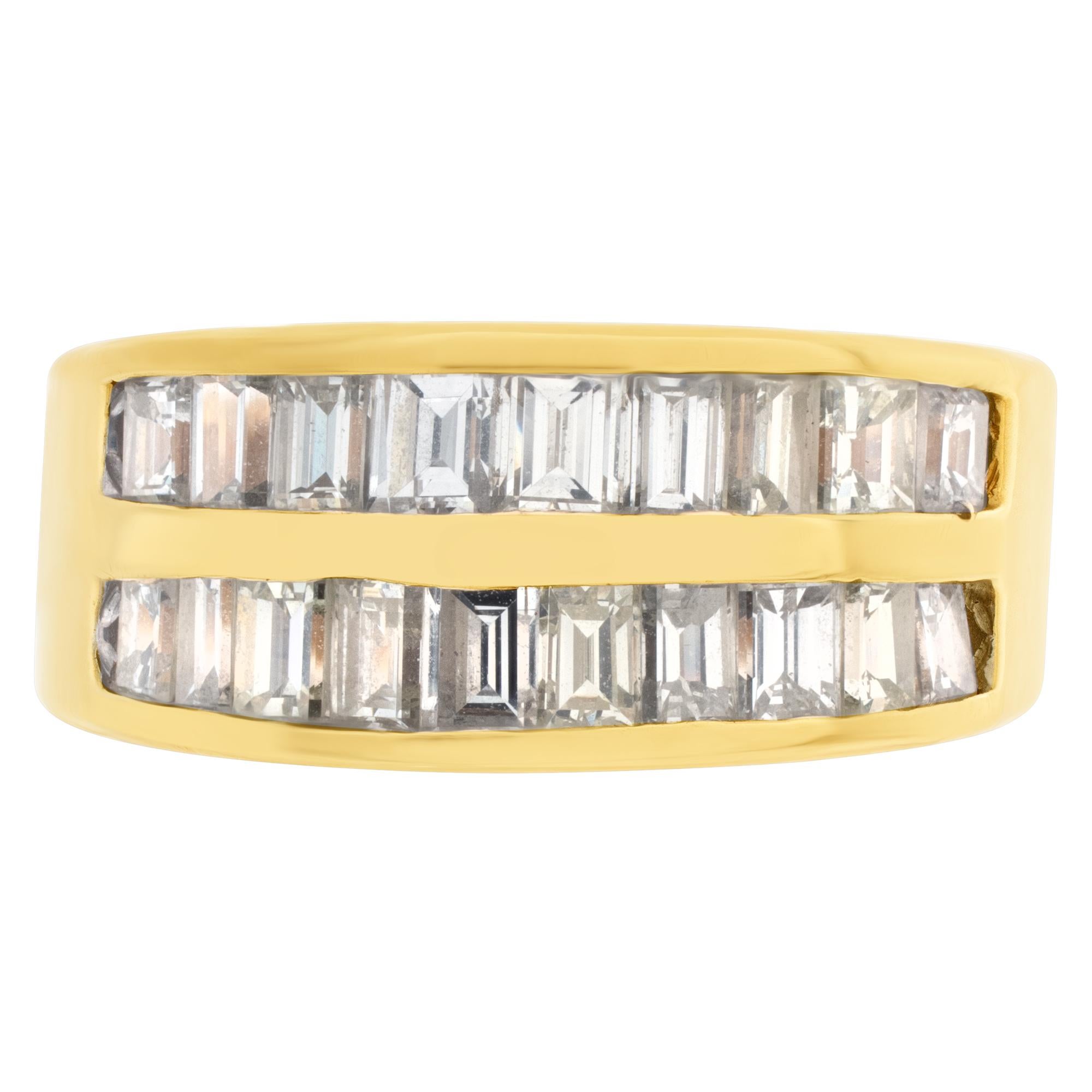 Diamond ring in 14k yellow gold with 2 rows of baguette diamonds approximately 2 carats total. G color VS clarity. Size 5 1/4.This Diamond ring is currently size 5.25 and some items can be sized up or down, please ask! It weighs 3.7 pennyweights and