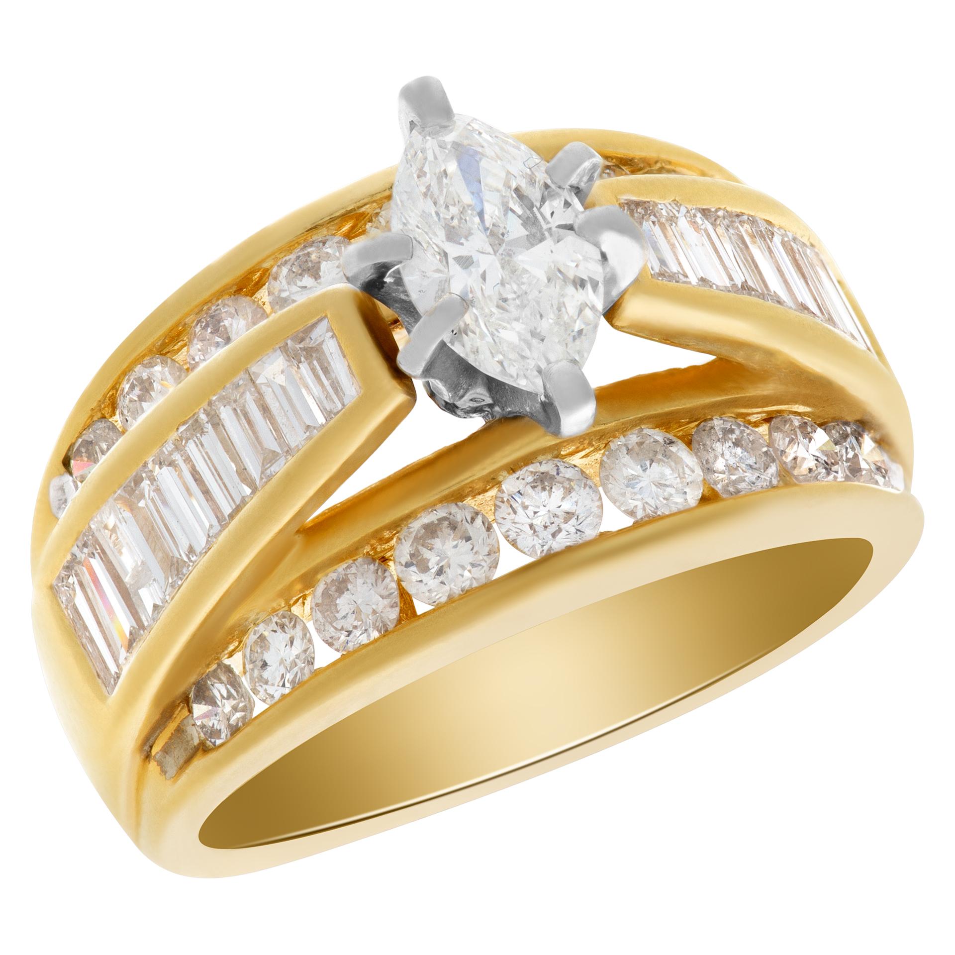 Diamond Ring in 14K Yellow Gold with Center Marquise and Round and Baguette In Excellent Condition In Surfside, FL