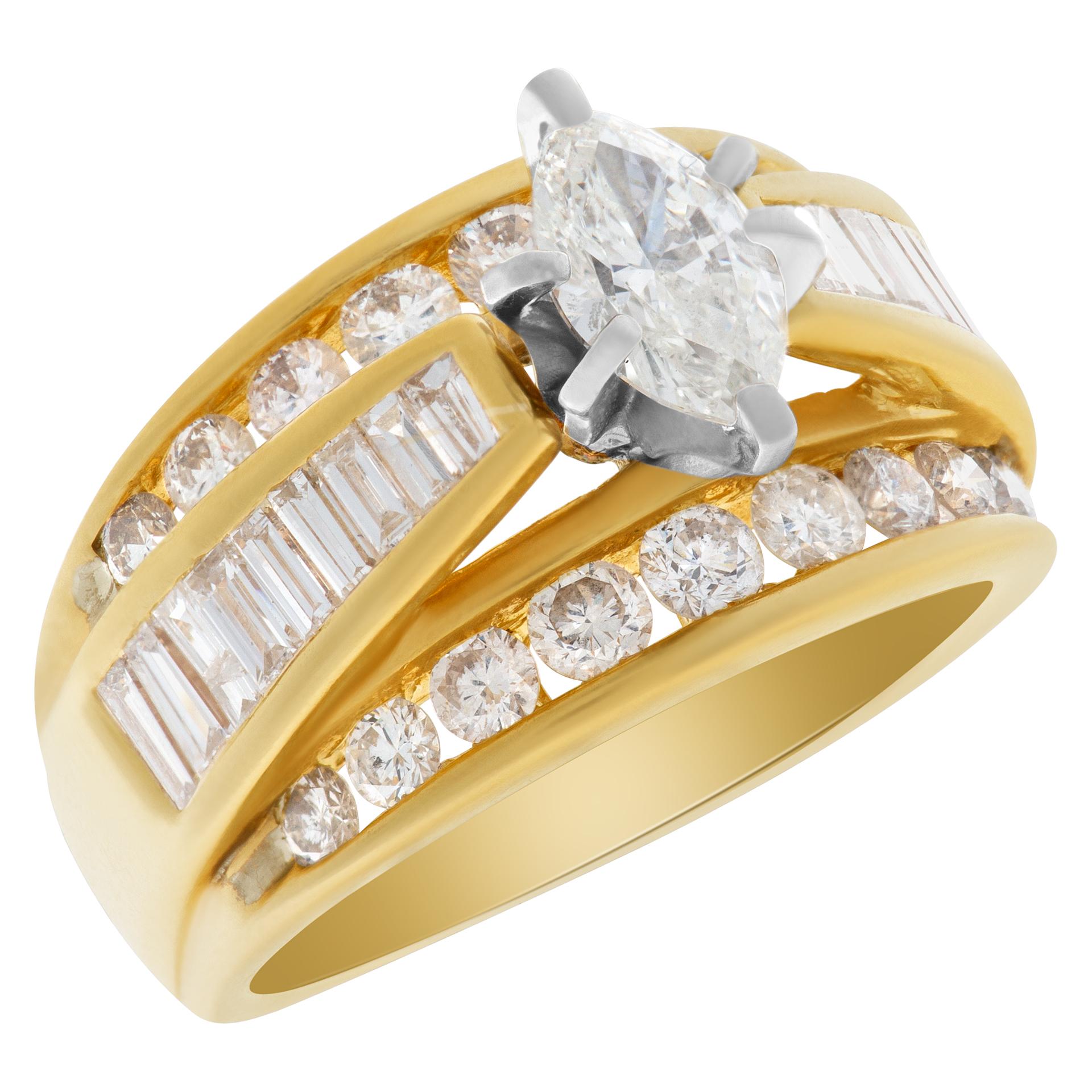 Women's Diamond Ring in 14K Yellow Gold with Center Marquise and Round and Baguette