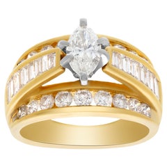 Diamond Ring in 14K Yellow Gold with Center Marquise and Round and Baguette