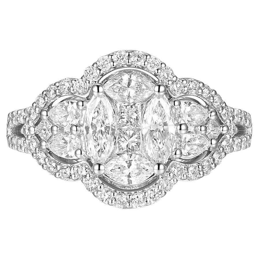 This ring has a sophisticated design that combines various diamond cuts to create an elegant and timeless piece. The central marquise diamond at 0.50 carats draws the eye with its elongated shape. It's surrounded by princess diamonds totaling 0.15