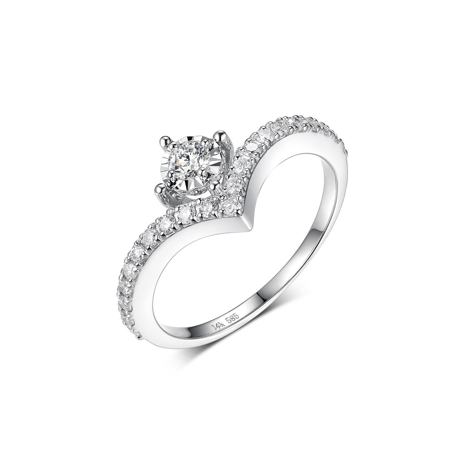 This ring features the center piece is surrounded by 0.23 carats of round diamonds set in 14 karat white gold.  The shoulder of the ring is set with 0.23 carat of white round diamonds.

1 Main Diamond 0.23 carat
White round diamonds 0.23