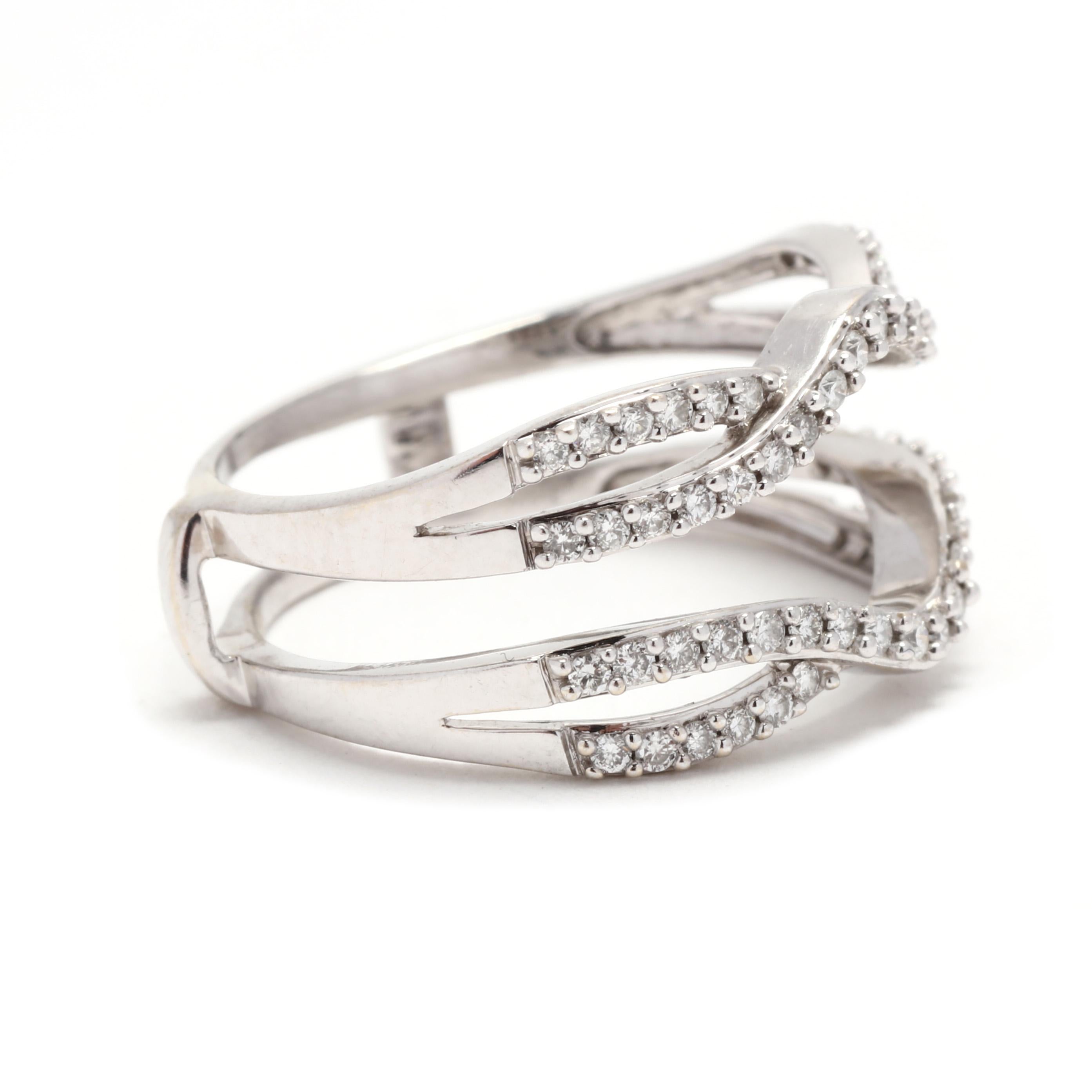 A vintage 14 karat white gold diamond ring jacket. This ring enhancer wrap features a curved criss cross design with pavé set round brilliant cut diamonds weighing approximately .30 total carats.

Stones:
- diamonds
- round brilliant cut
- 1 - 1.2