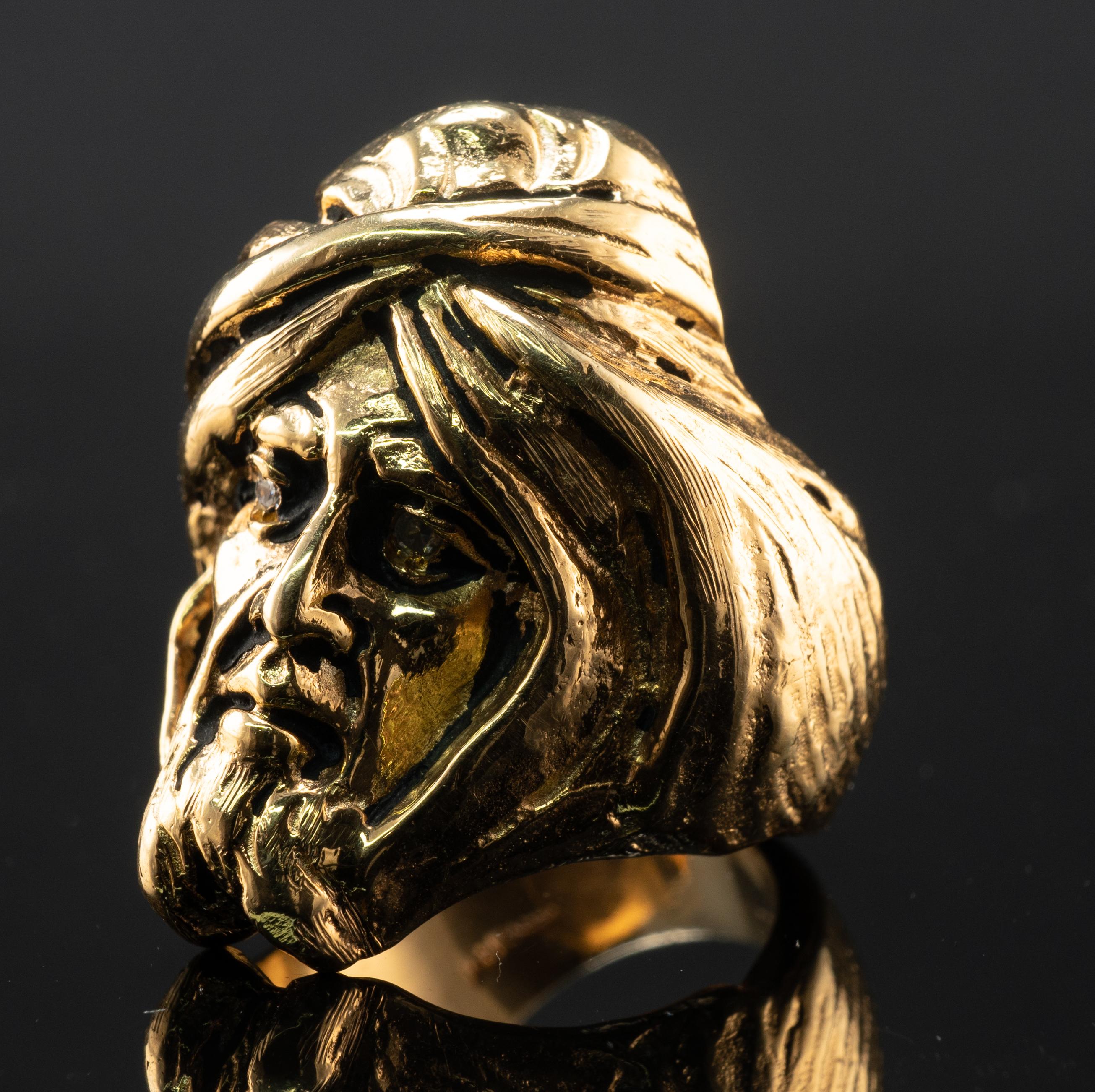 Diamond Ring Man Turban Head Face 14K Gold Vintage For Sale 4