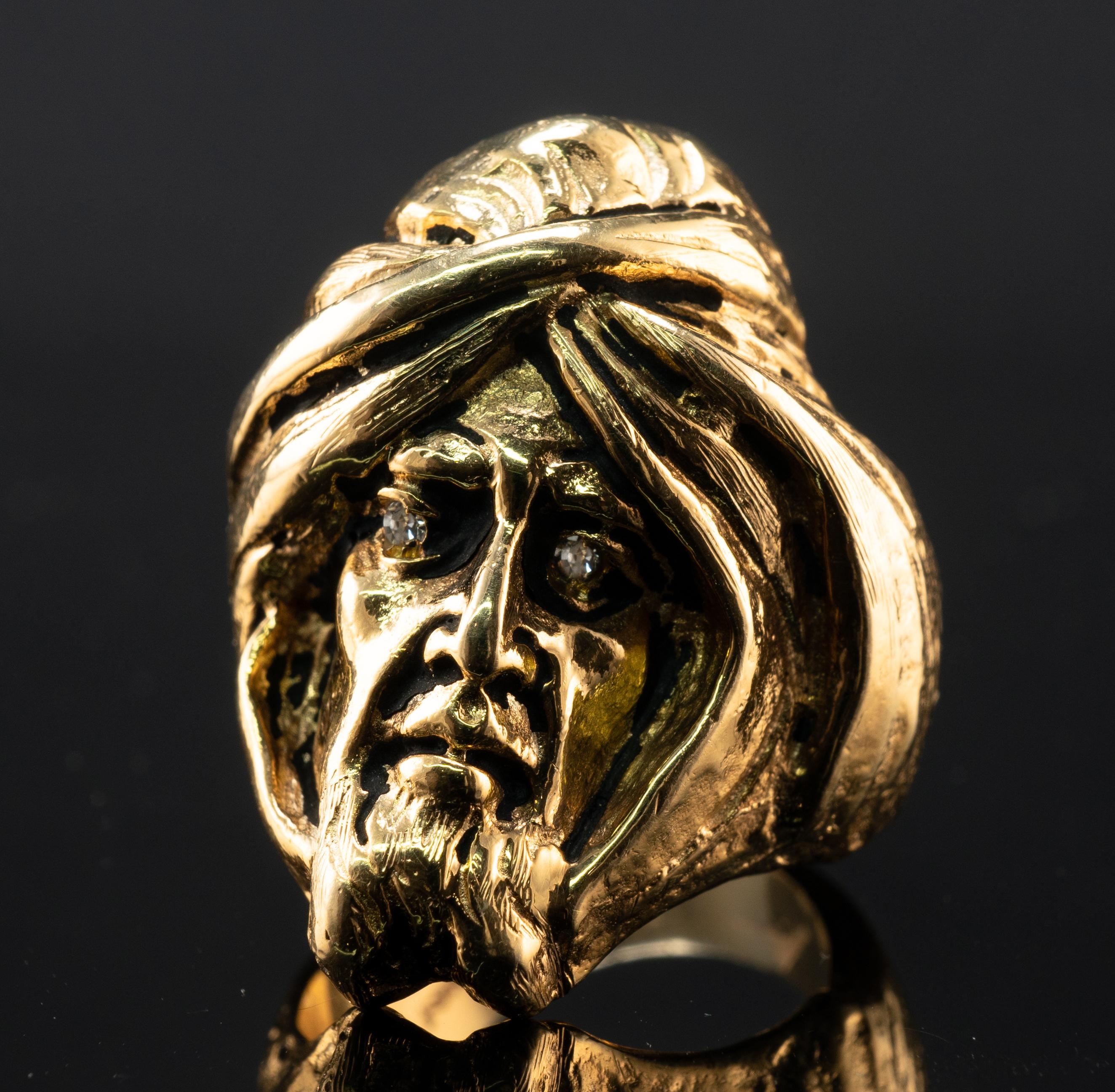 Round Cut Diamond Ring Man Turban Head Face 14K Gold Vintage For Sale