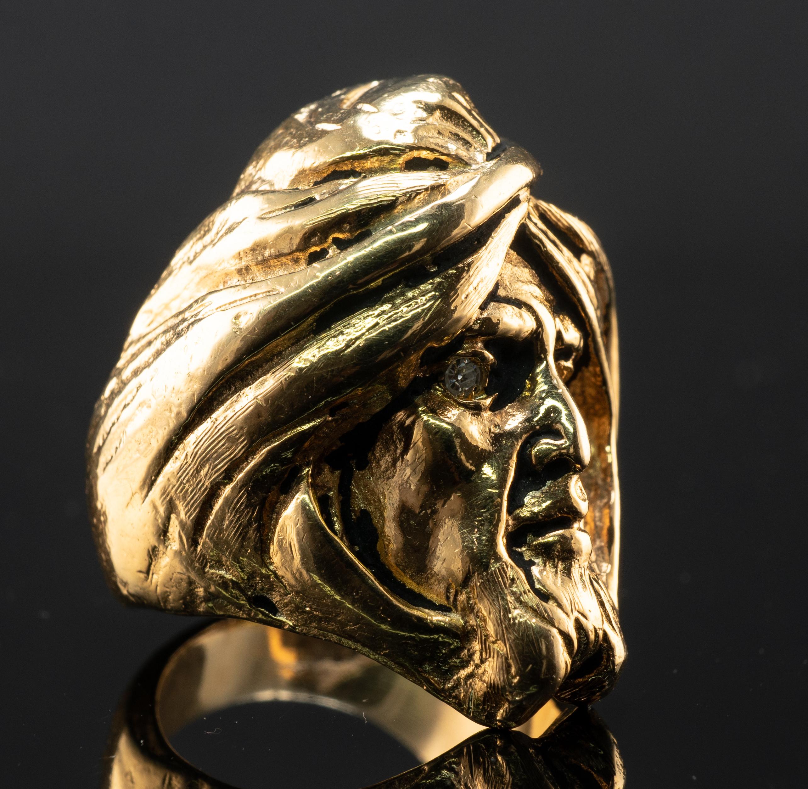 Men's Diamond Ring Man Turban Head Face 14K Gold Vintage For Sale