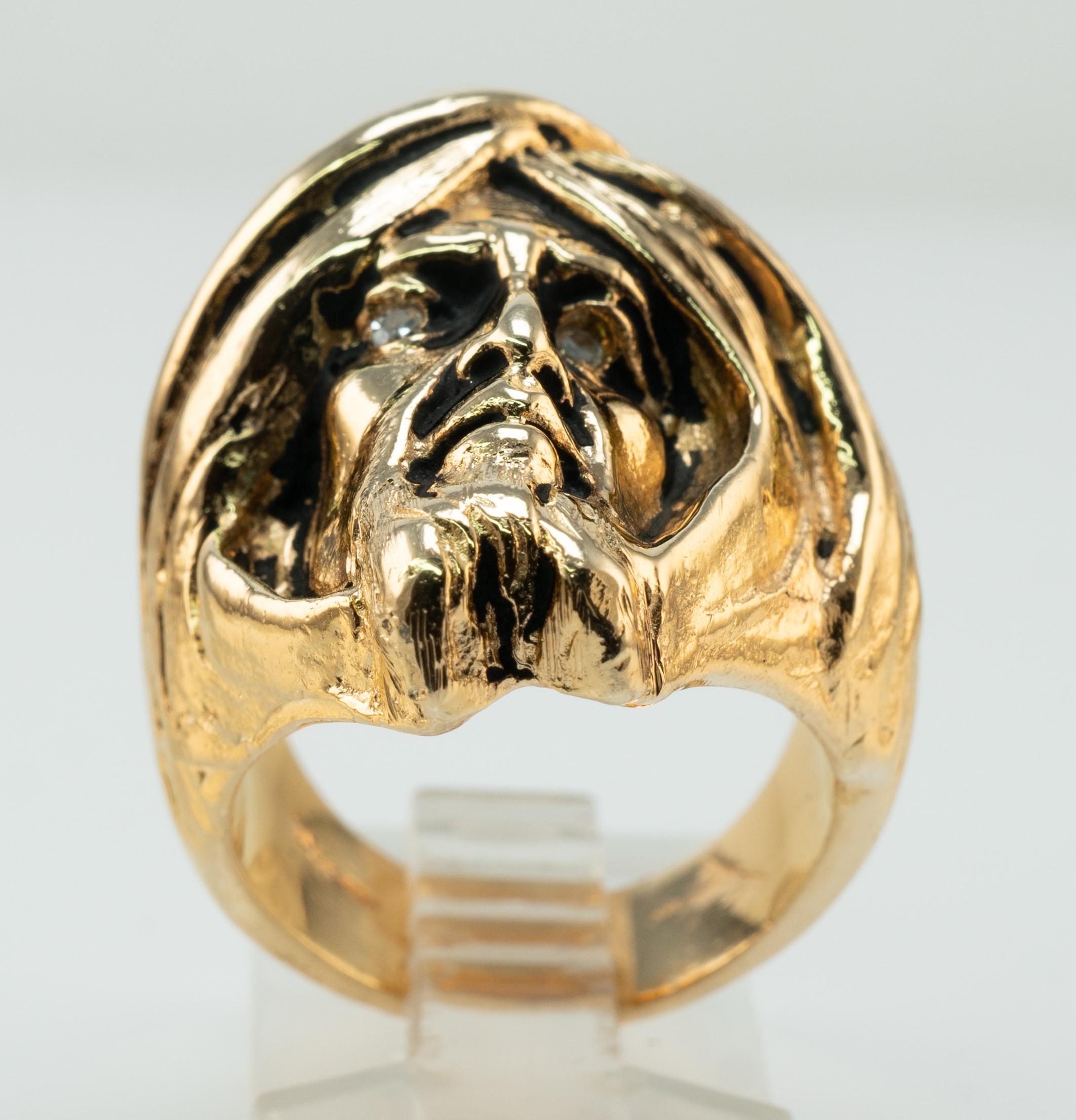 Diamond Ring Man Turban Head Face 14K Gold Vintage For Sale 1