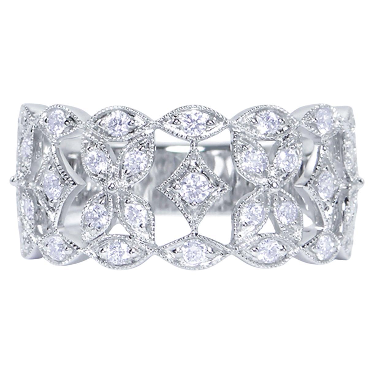 Diamond Ring Milgrain Setting 0.45 Carats 18K White Gold
