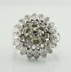 Diamond Ring Old Mine 14k White Gold Flower Vintage Cluster