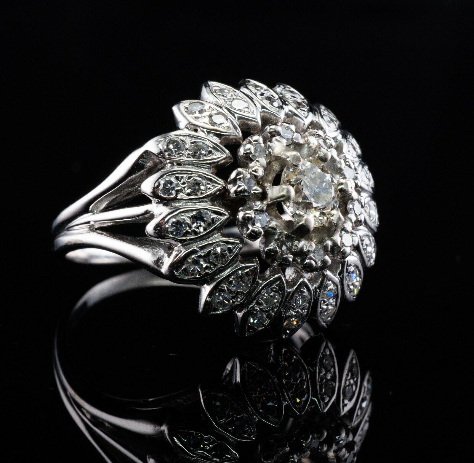 Women's Diamond Ring Old Mine 14k White Gold Flower Vintage Cluster For Sale