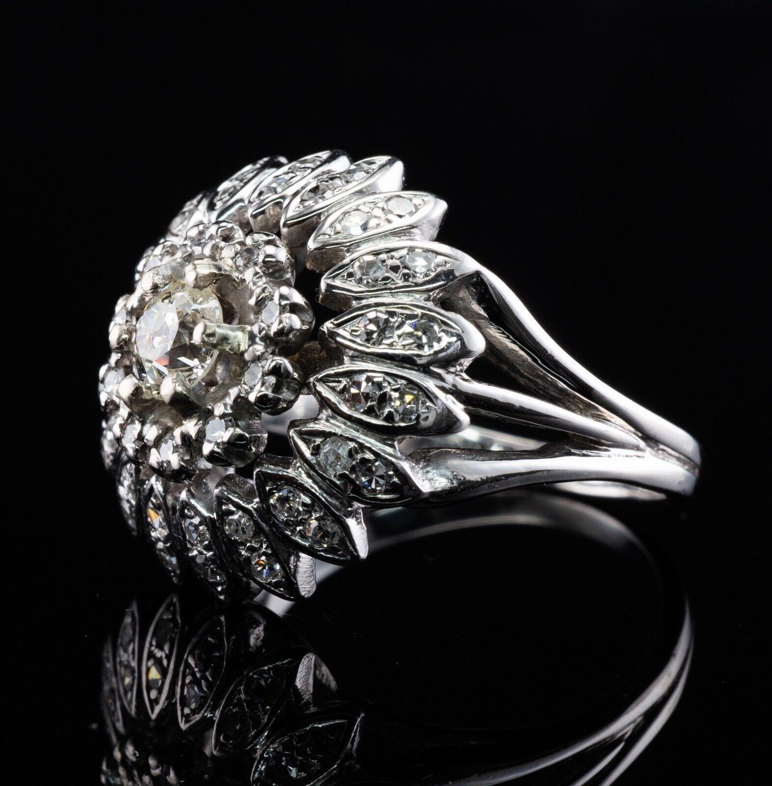 Diamond Ring Old Mine 14k White Gold Flower Vintage Cluster For Sale 2