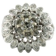 Diamond Ring Old Mine 14k White Gold Flower Vintage Cluster