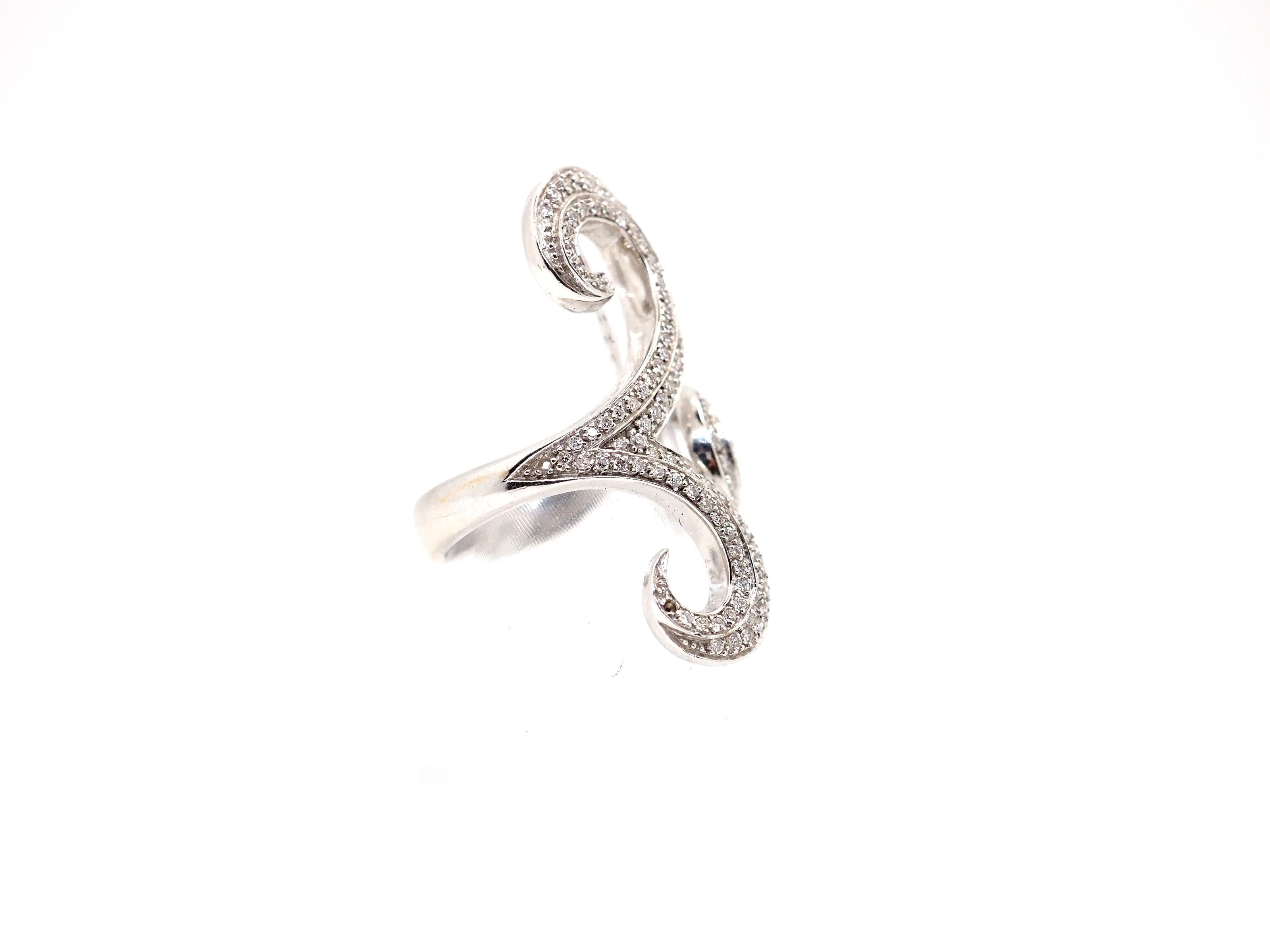 Men's Diamond Ring Paved 18 Karat White Gold Spiral Shape Curved Ring  For Sale