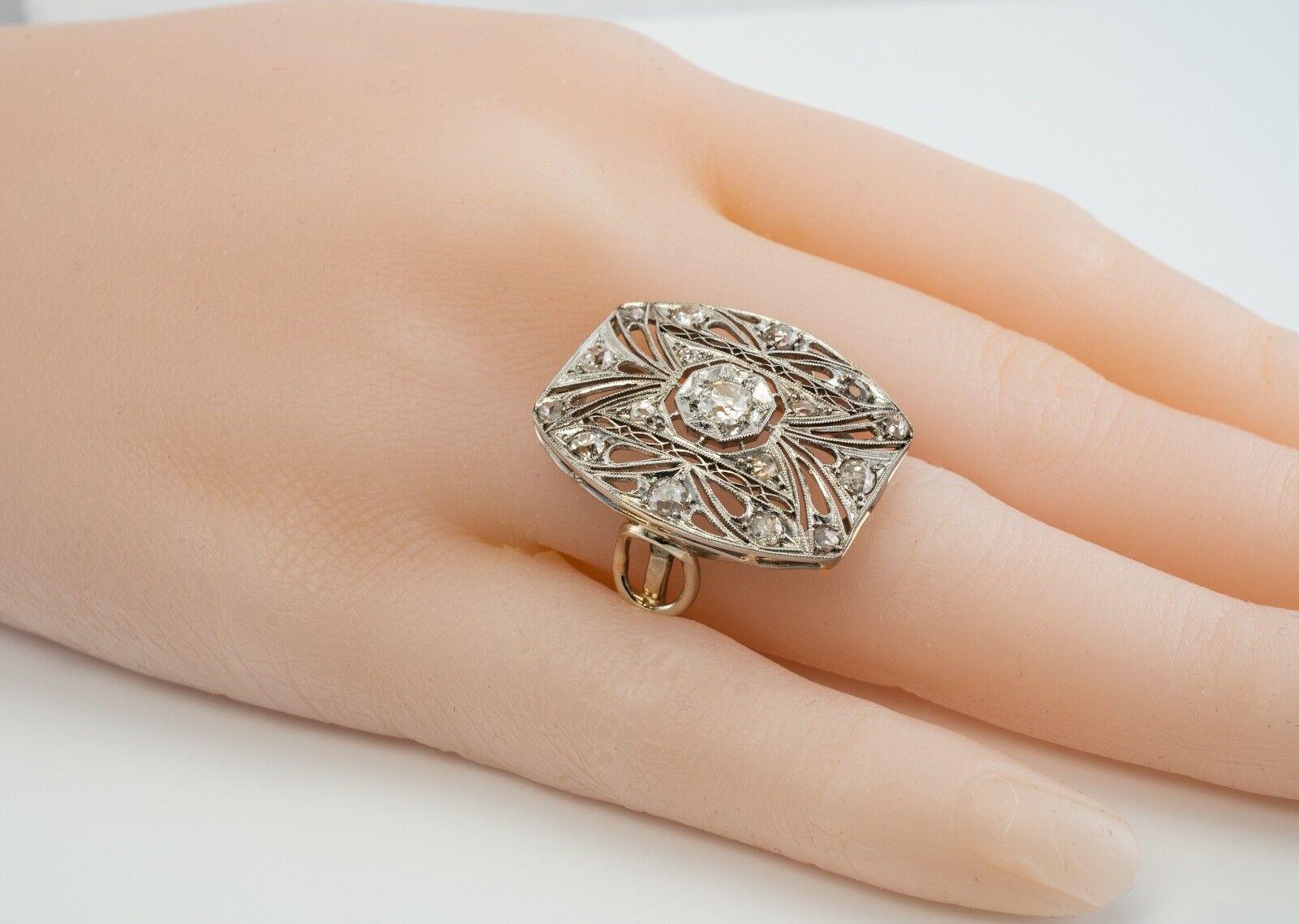 Bague Diamant Platine Bouclier 14K Or Antique en vente 8