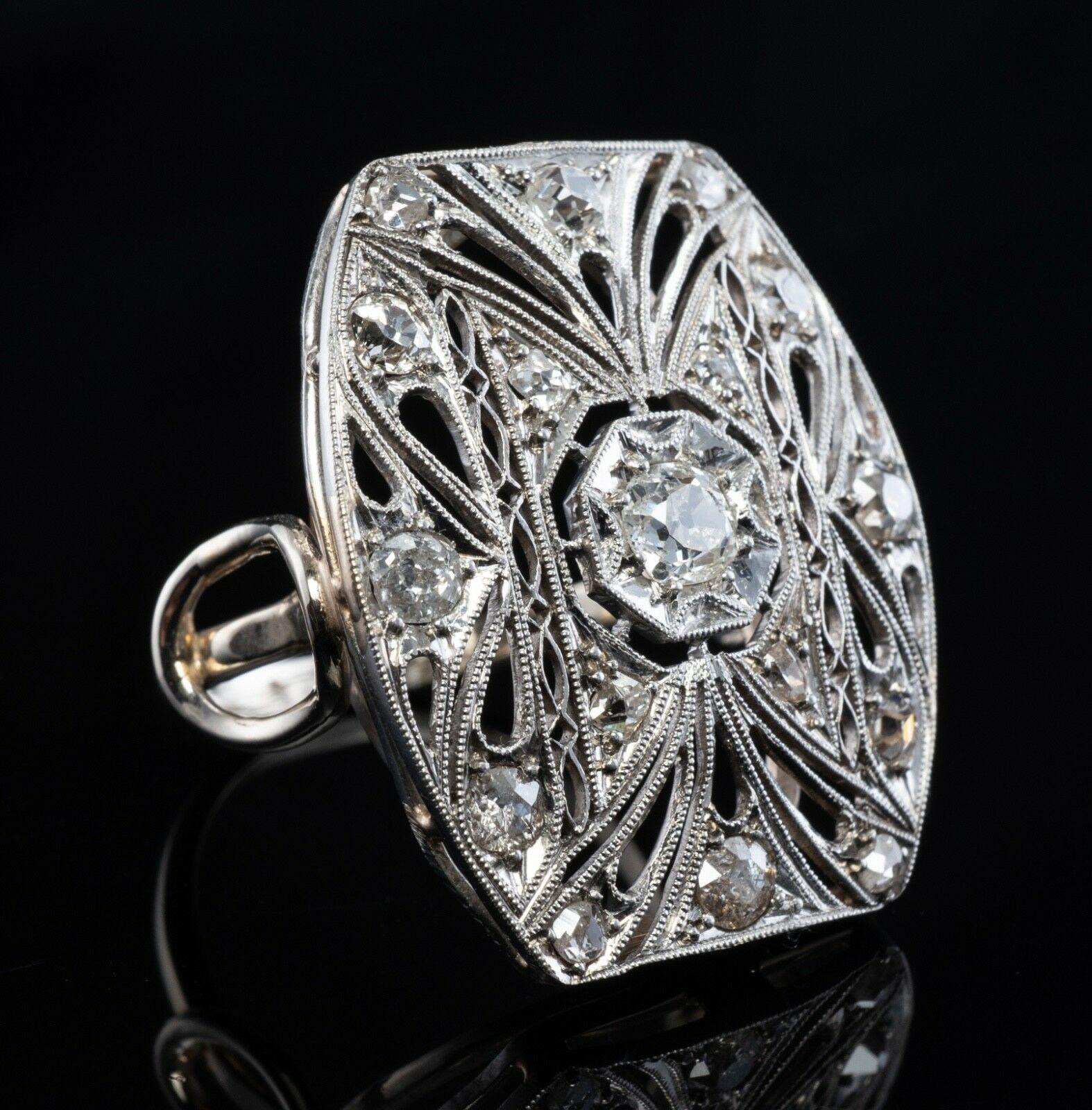 Bague Diamant Platine Bouclier 14K Or Antique Bon état - En vente à East Brunswick, NJ