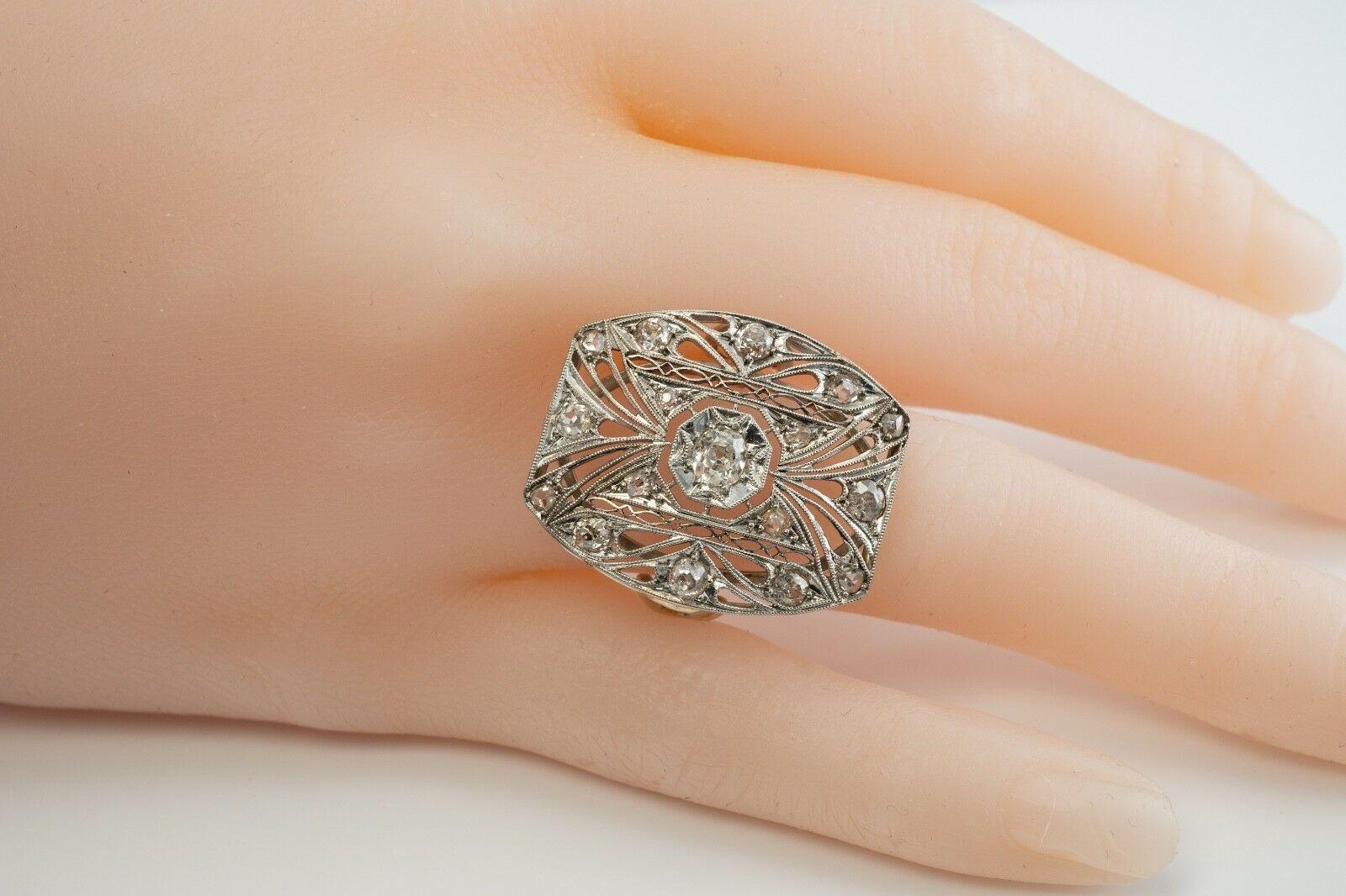 Bague Diamant Platine Bouclier 14K Or Antique Pour femmes en vente