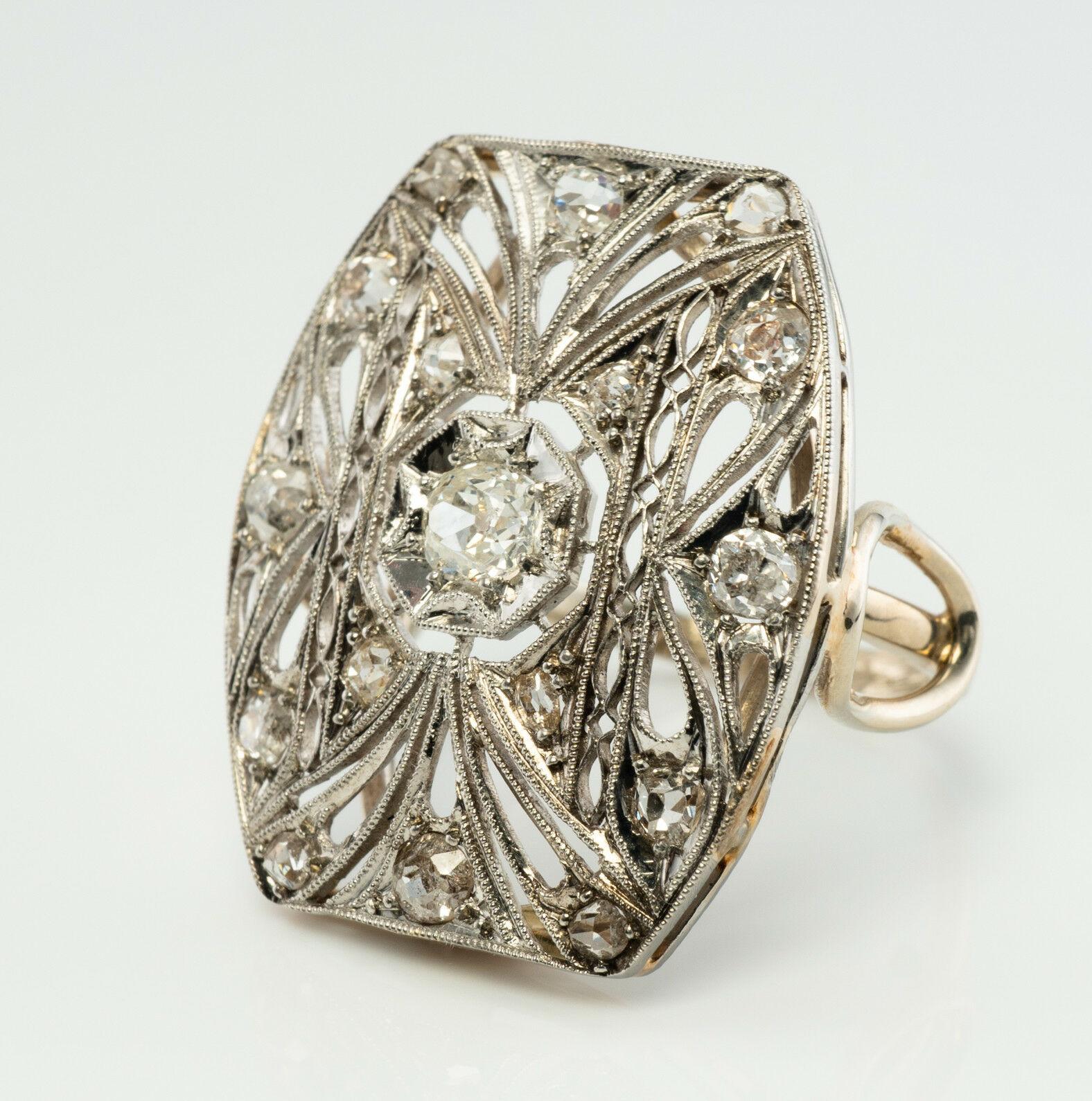 Bague Diamant Platine Bouclier 14K Or Antique en vente 2