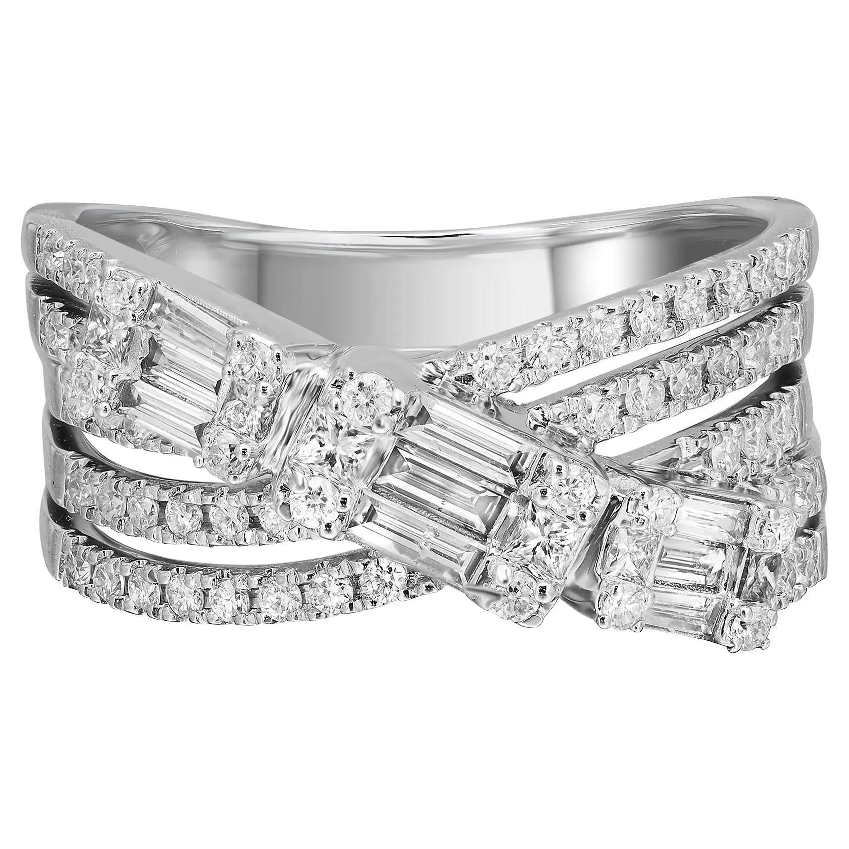 Diamond Ring Round & Baguette Cut 14K White Gold 0.75Cttw For Sale