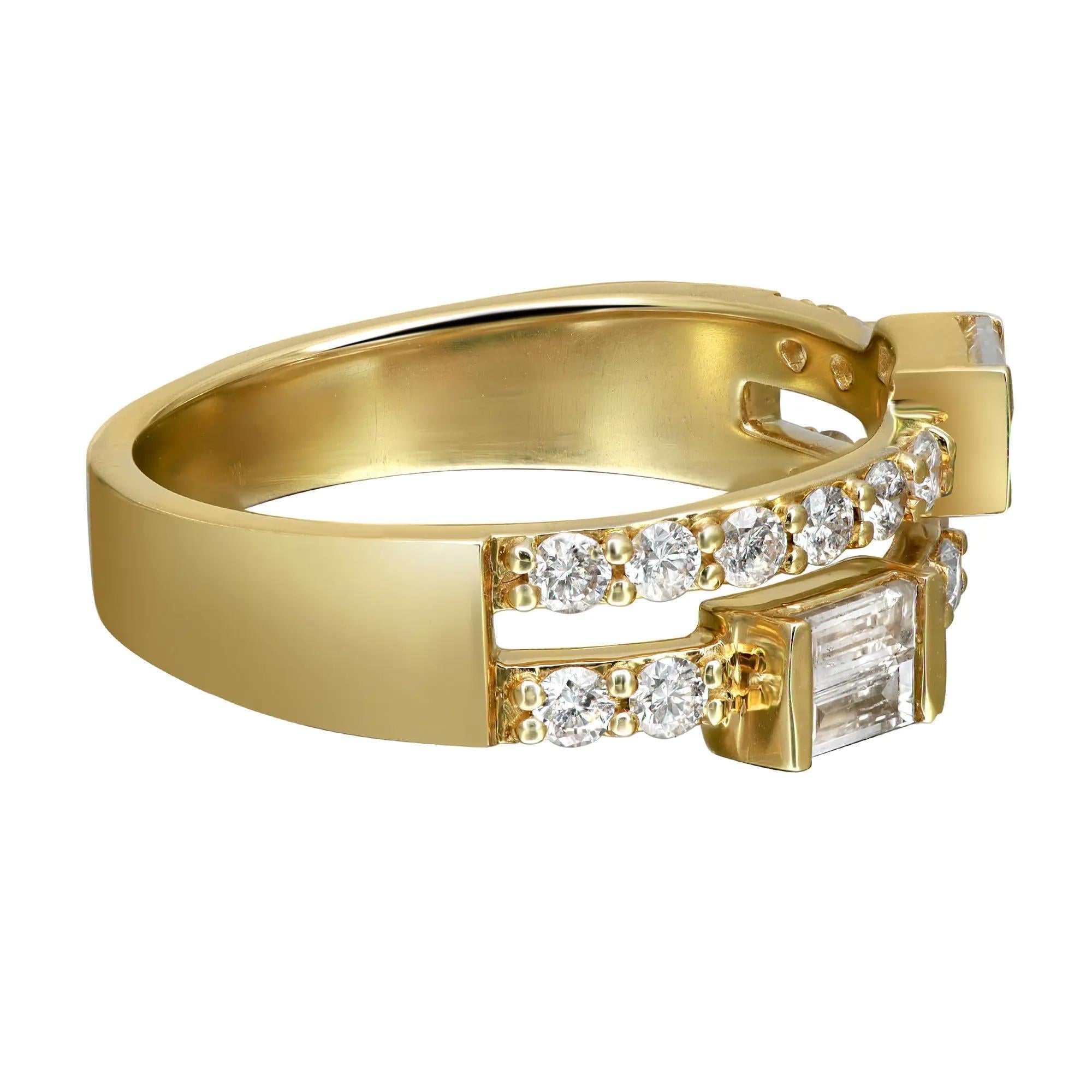 Shimmering and elegant, this diamond band ring is perfect for any occasion. Crafted in lustrous 14K yellow gold. This beautiful ring is adorned with channel set baguette cut diamonds with two rows of pave set round brilliant cut diamonds studded
