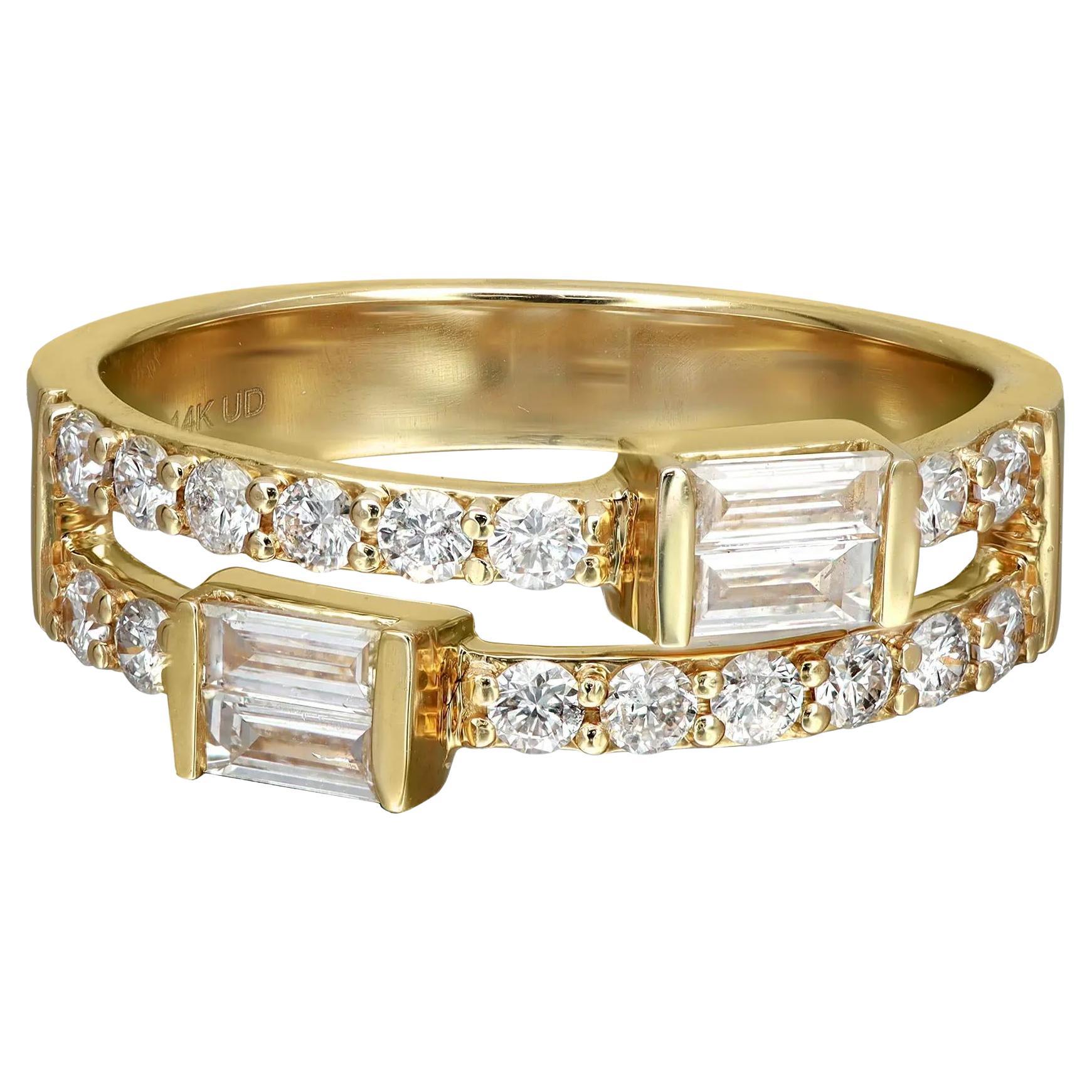 Diamond Ring Round & Baguette Cut 14K Yellow Gold 0.68Cttw  For Sale