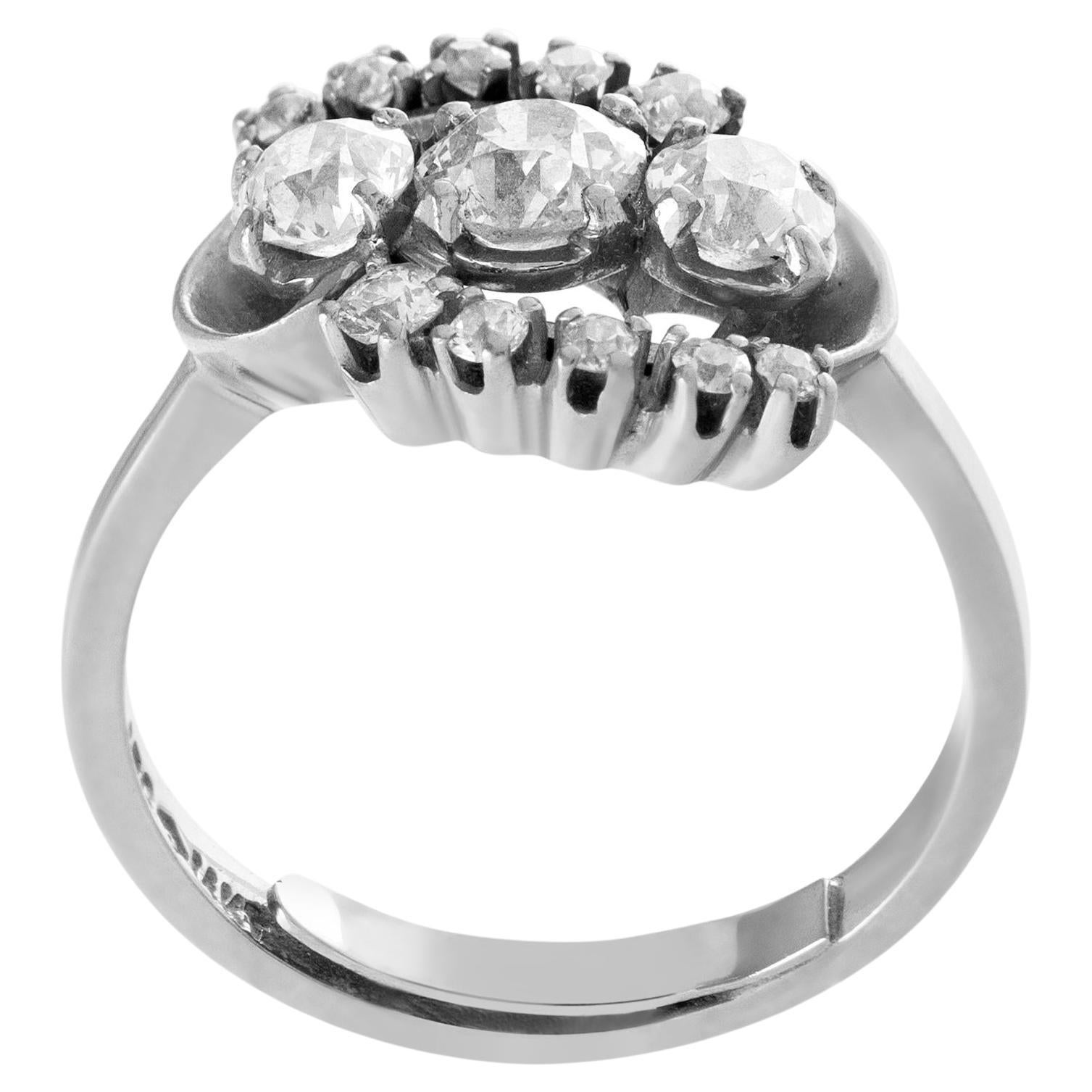 Diamond Ring Set in 14K White Gold, "past, Present, Future", 3 European Cut For Sale