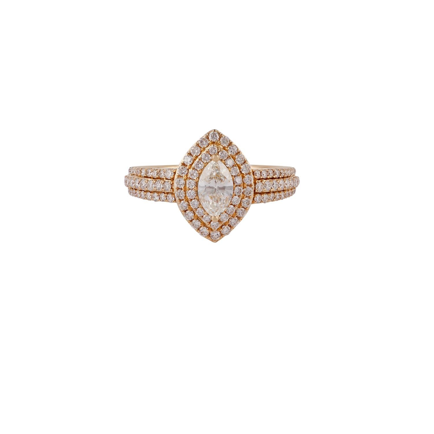 Its an elegant ring studded in 18k yellow gold with 1 marquise shaped diamond weight 0.57 carat & 92 round shaped diamond weight 0.77 carat, this entire ring studded in 18k yellow gold weight 5.43 grams, ring size can be change as per the