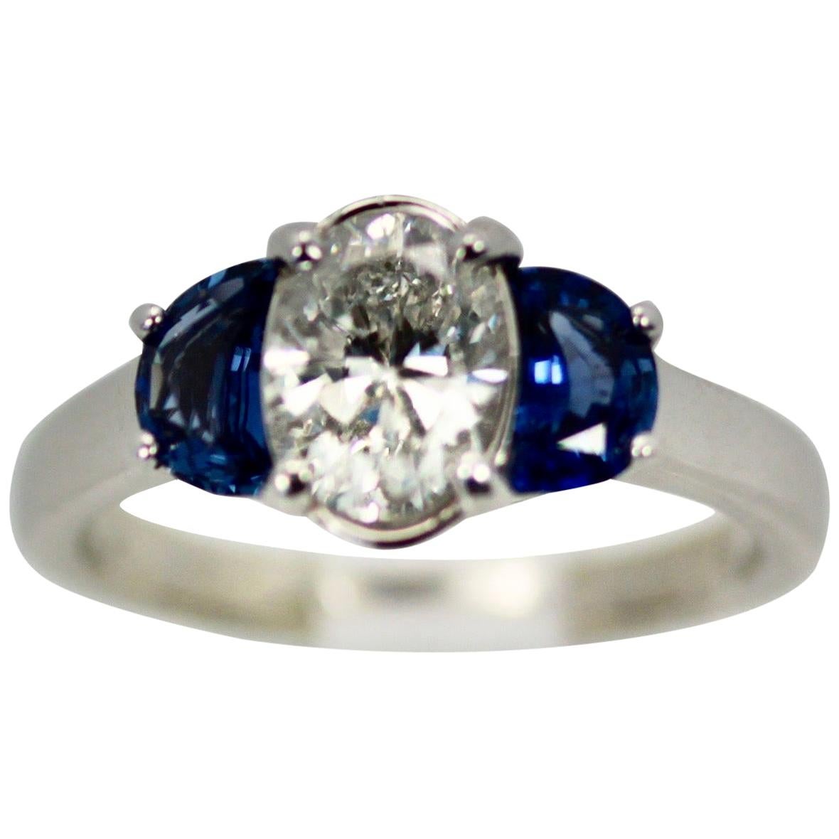 Diamond Ring with Half Moon Sapphire Sides 2.20 Carats For Sale