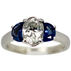 Diamond Ring with Half Moon Sapphire Sides 2.20 Carats