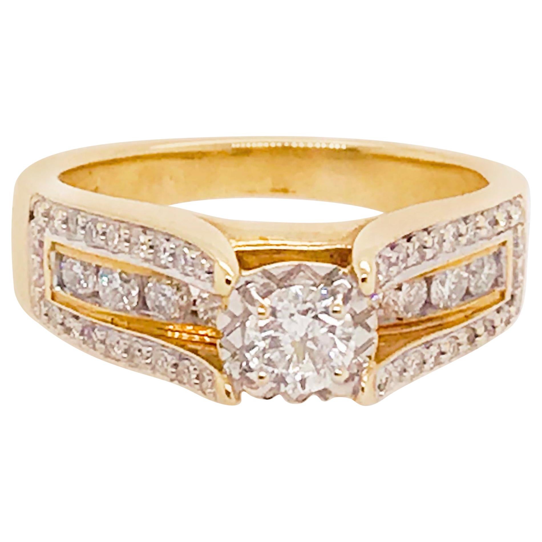 Diamond Ring with Round Brilliant Diamond and Diamond Band 14 Karat Gold