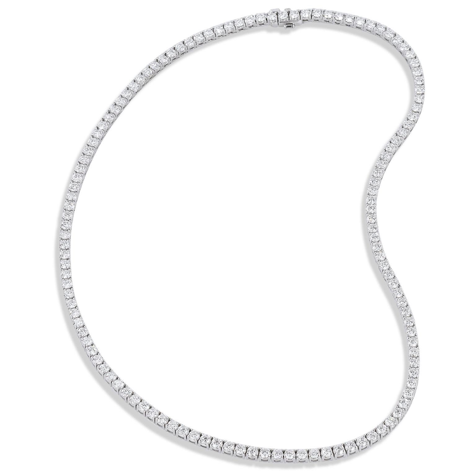 Diamond Riviera Necklace 18 Inches Long 8.93 Total Carat Handmade of 18 karats white gold.

This sparkling round brilliant cut diamond Riviera necklace measures 18 inches long. 
It is comprised of 165 round brilliant cut diamonds with the color F/G