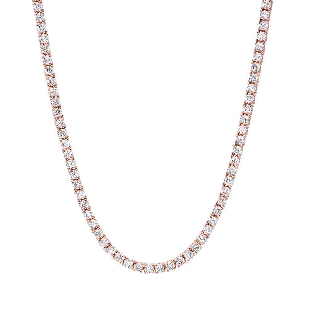Classic 14K rose gold diamond Tennis necklace, set with a total of approximately 4.68 carats, G-H color and VS2-SI1 clarity, round brilliant diamonds.
Total length is 16