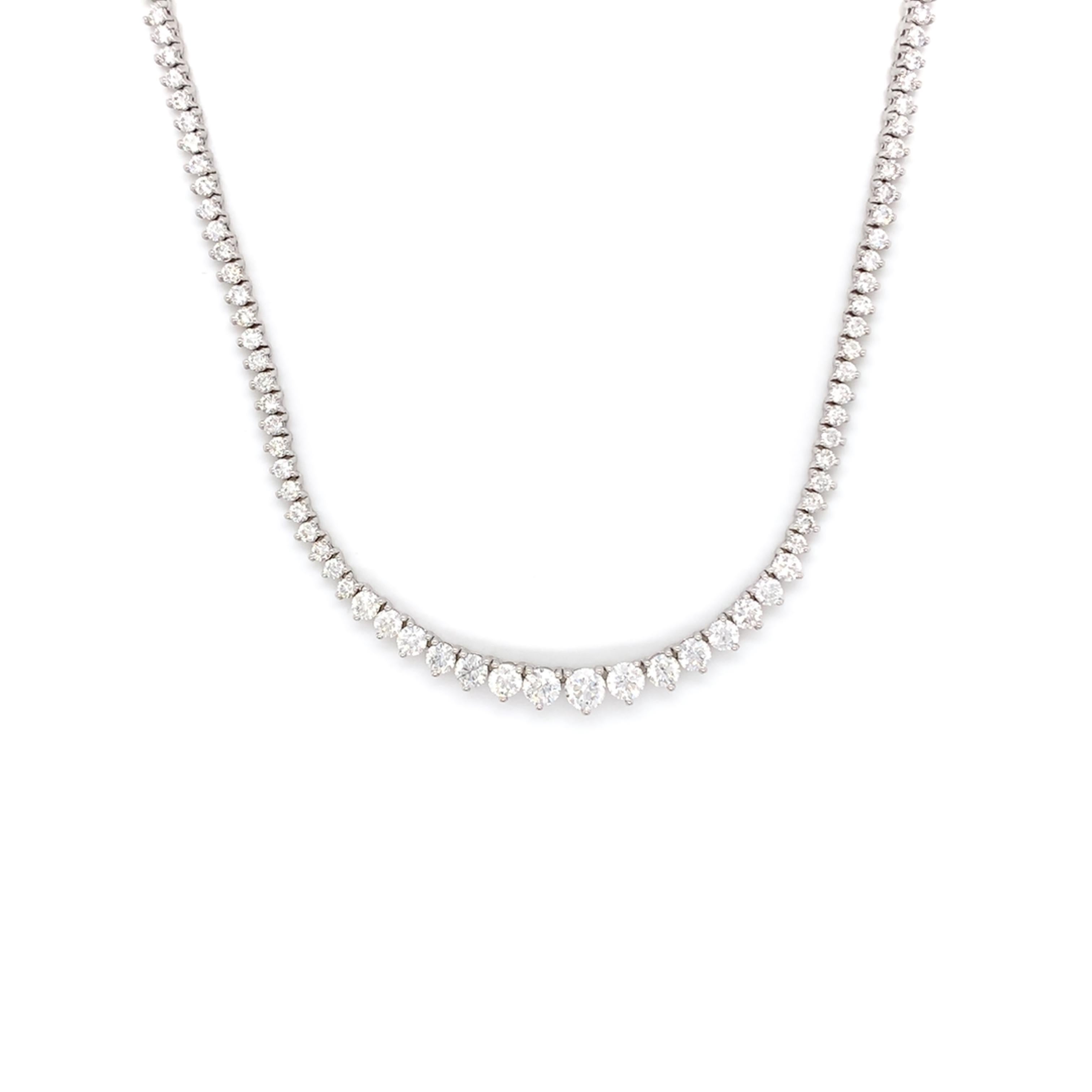 Diamond Riviera/Tennis Necklace made with real/natural brilliant cut diamonds. Total Diamond Weight: 3.14 carats. Diamond Quantity: 71 round diamonds. Color: G. Clarity: SI. Mounted on 18kt white gold.