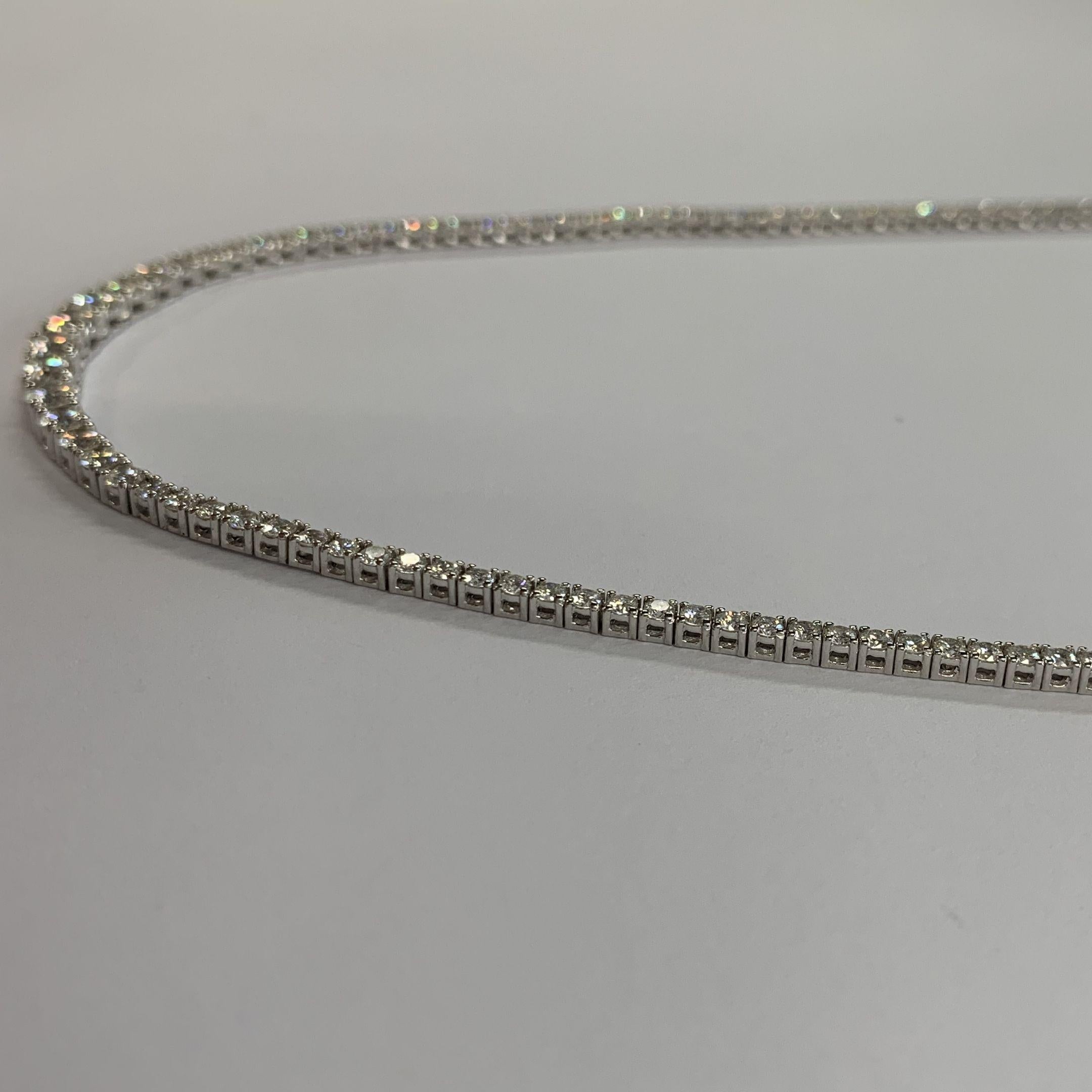 Diamond Riviera Necklace made with real/natural brilliant cut diamonds. Total Diamond Weight: 3.14 carats. Diamond Quantity: 71 round diamonds. Color: G. Clarity: SI1. Mounted on 18kt white gold with security closure.